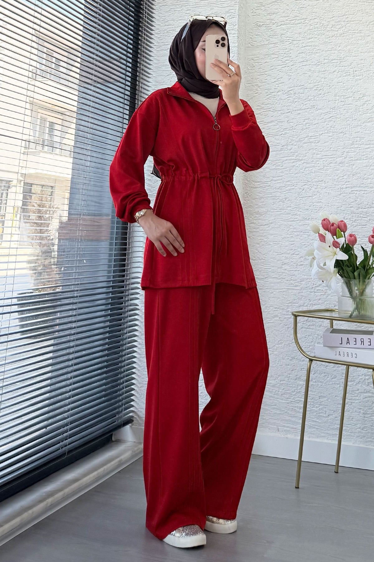 Premium Bel Büzgülü Cima Detay Double Face Pantolon Takım - Kırmızı