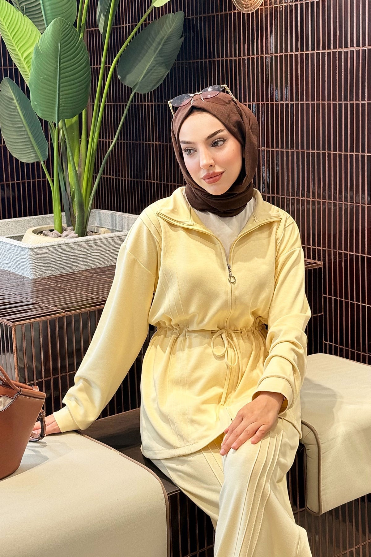 Premium Bel Büzgülü Cima Detay Double Face Pantolon Takım - Sarı