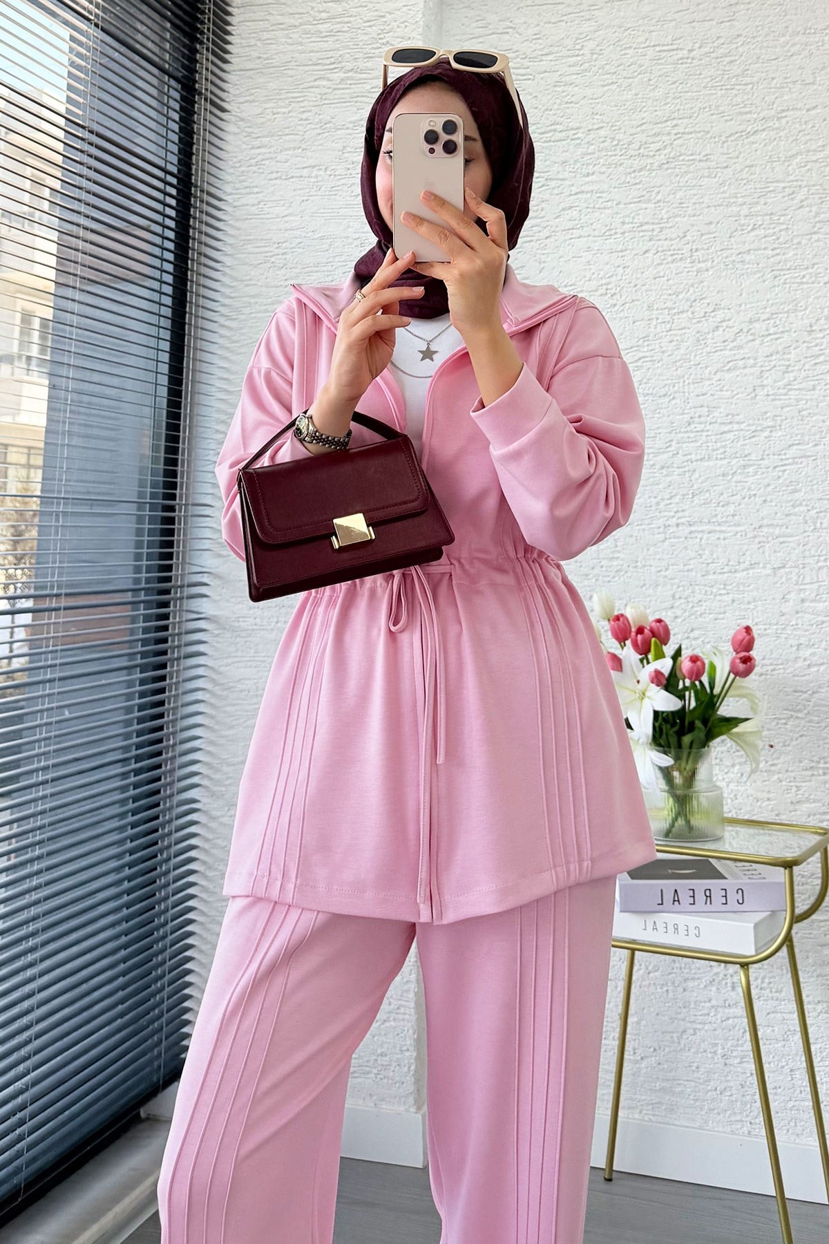 Premium Bel Büzgülü Cima Detay Double Face Pantolon Takım - Pembe