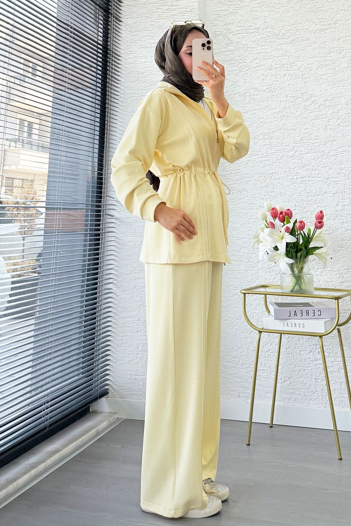 Premium Bel Büzgülü Cima Detay Double Face Pantolon Takım - Sarı