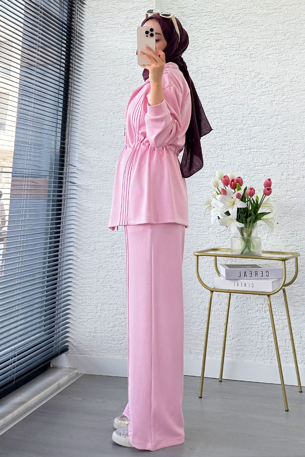 Premium Bel Büzgülü Cima Detay Double Face Pantolon Takım - Pembe