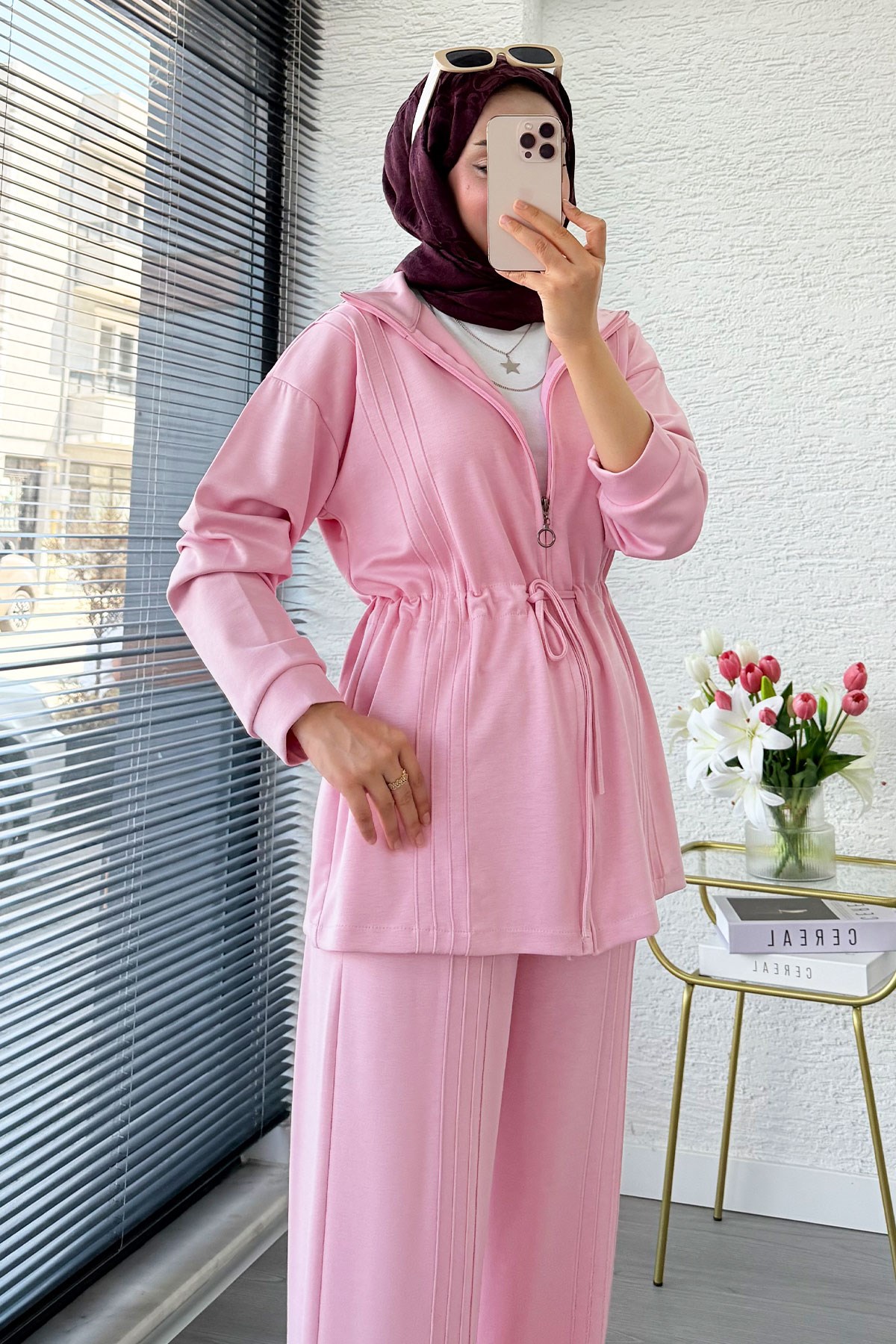 Premium Bel Büzgülü Cima Detay Double Face Pantolon Takım - Pembe