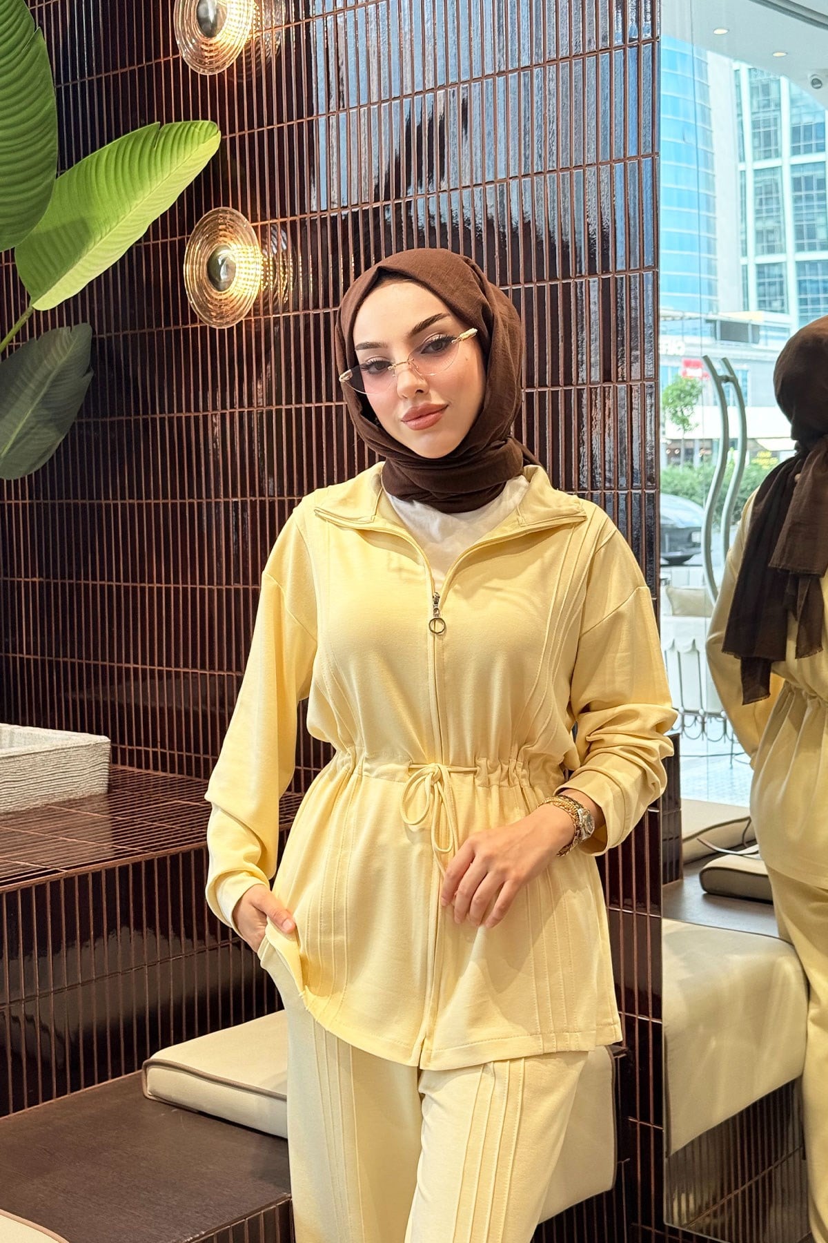 Premium Bel Büzgülü Cima Detay Double Face Pantolon Takım - Sarı