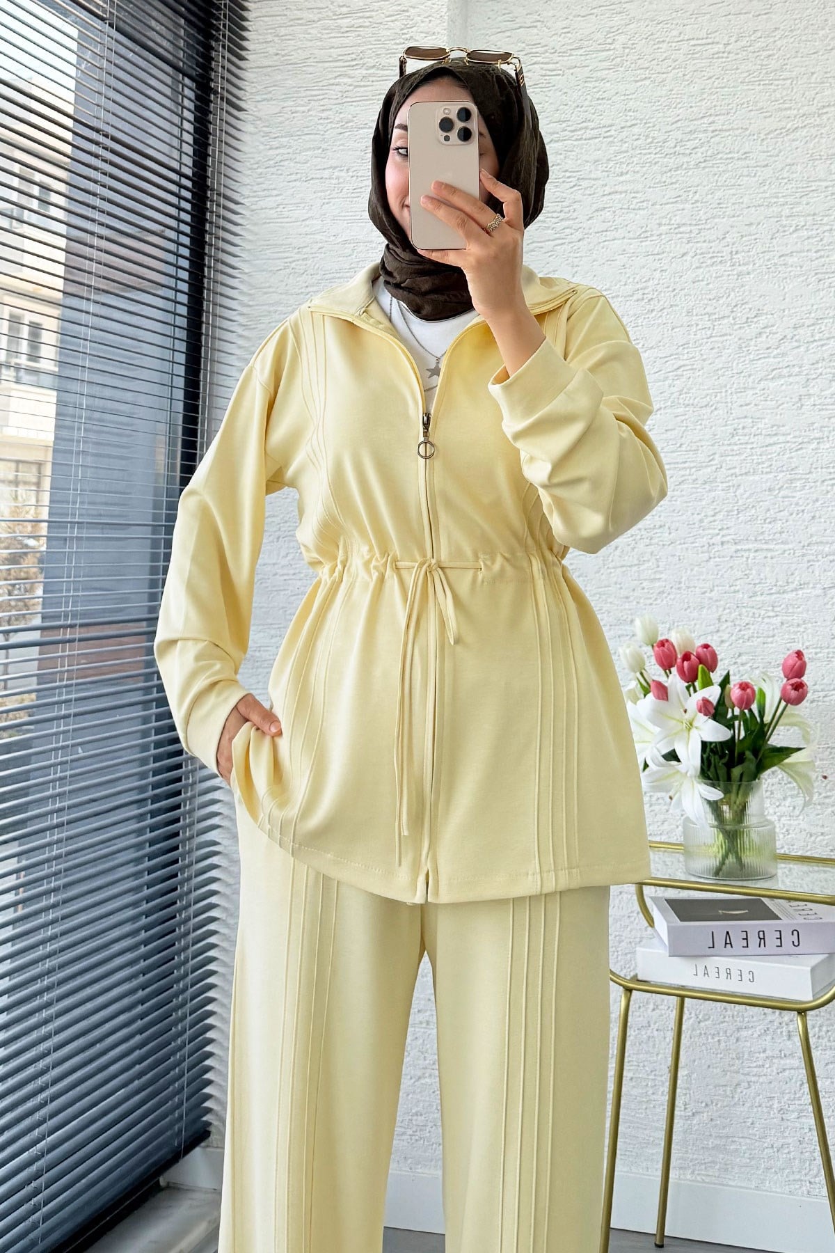 Premium Bel Büzgülü Cima Detay Double Face Pantolon Takım - Sarı