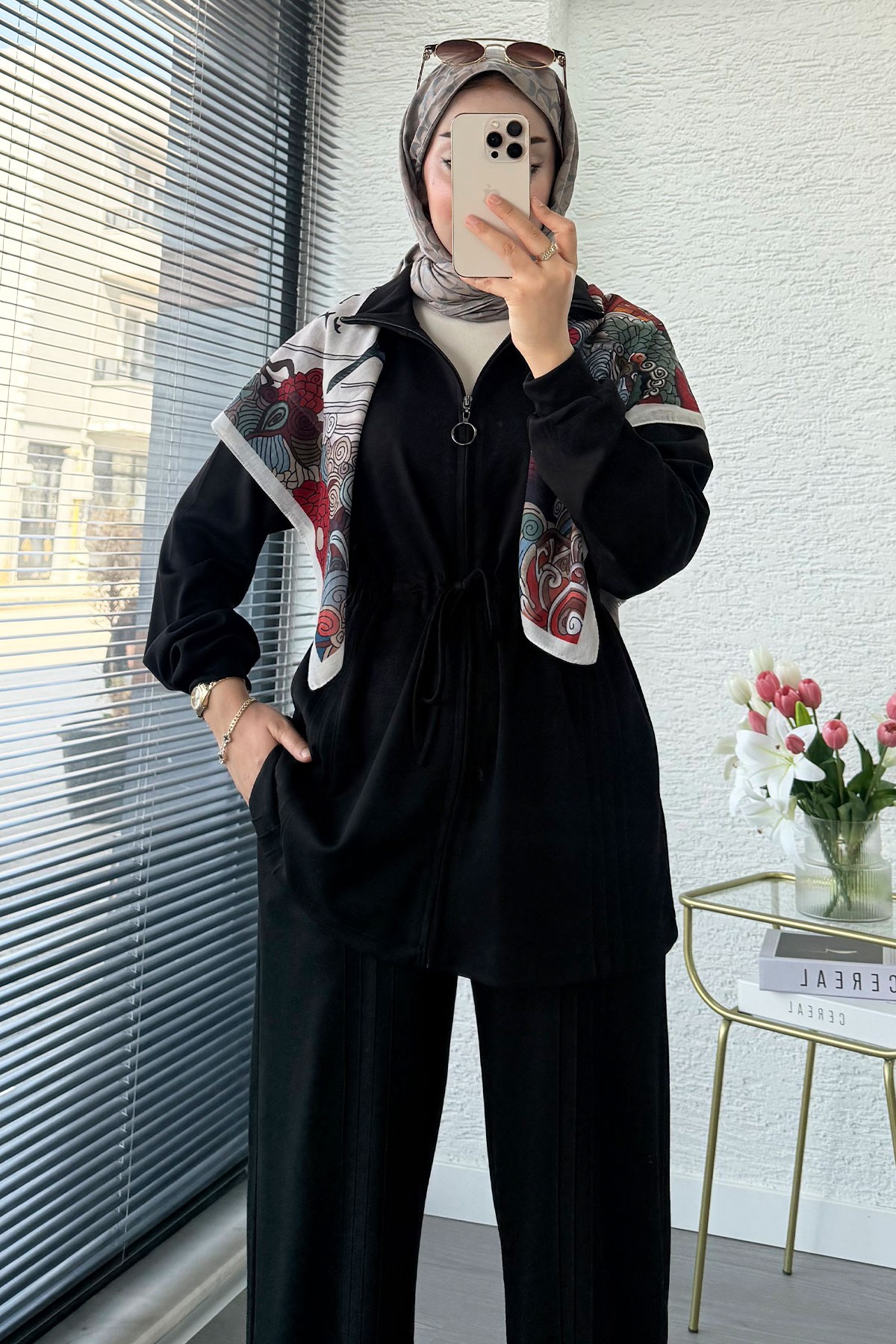 Premium Bel Büzgülü Cima Detay Double Face Pantolon Takım - Siyah