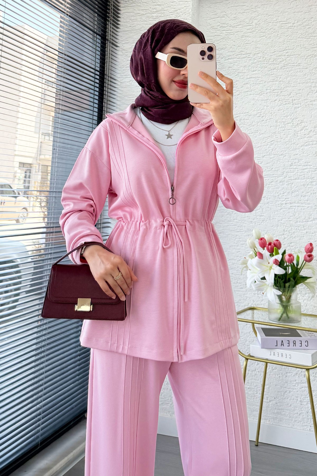 Premium Bel Büzgülü Cima Detay Double Face Pantolon Takım - Pembe
