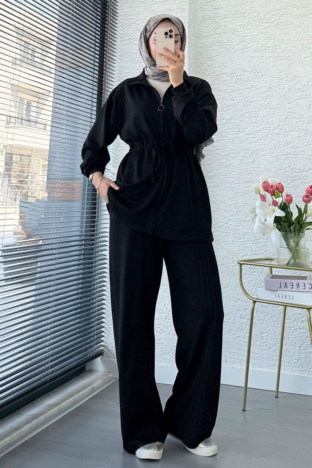 Premium Bel Büzgülü Cima Detay Double Face Pantolon Takım - Siyah