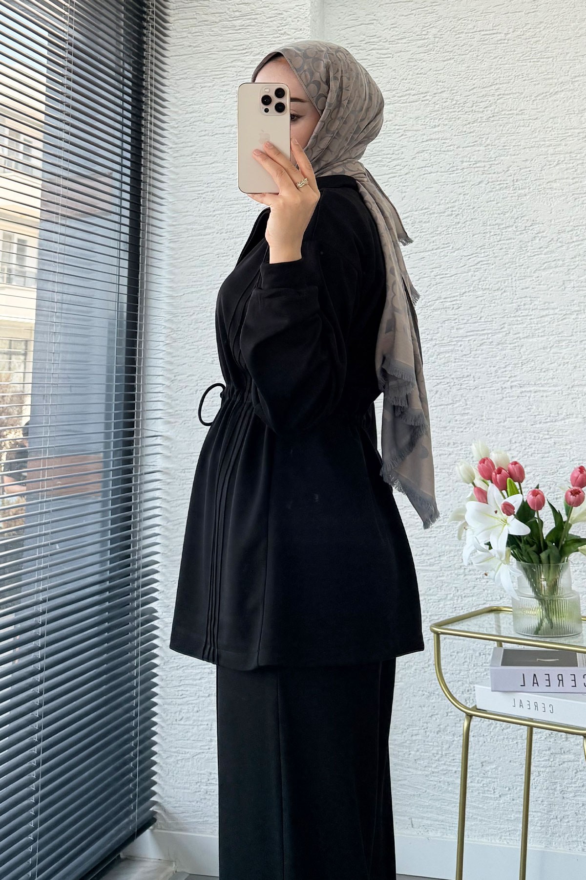 Premium Bel Büzgülü Cima Detay Double Face Pantolon Takım - Siyah