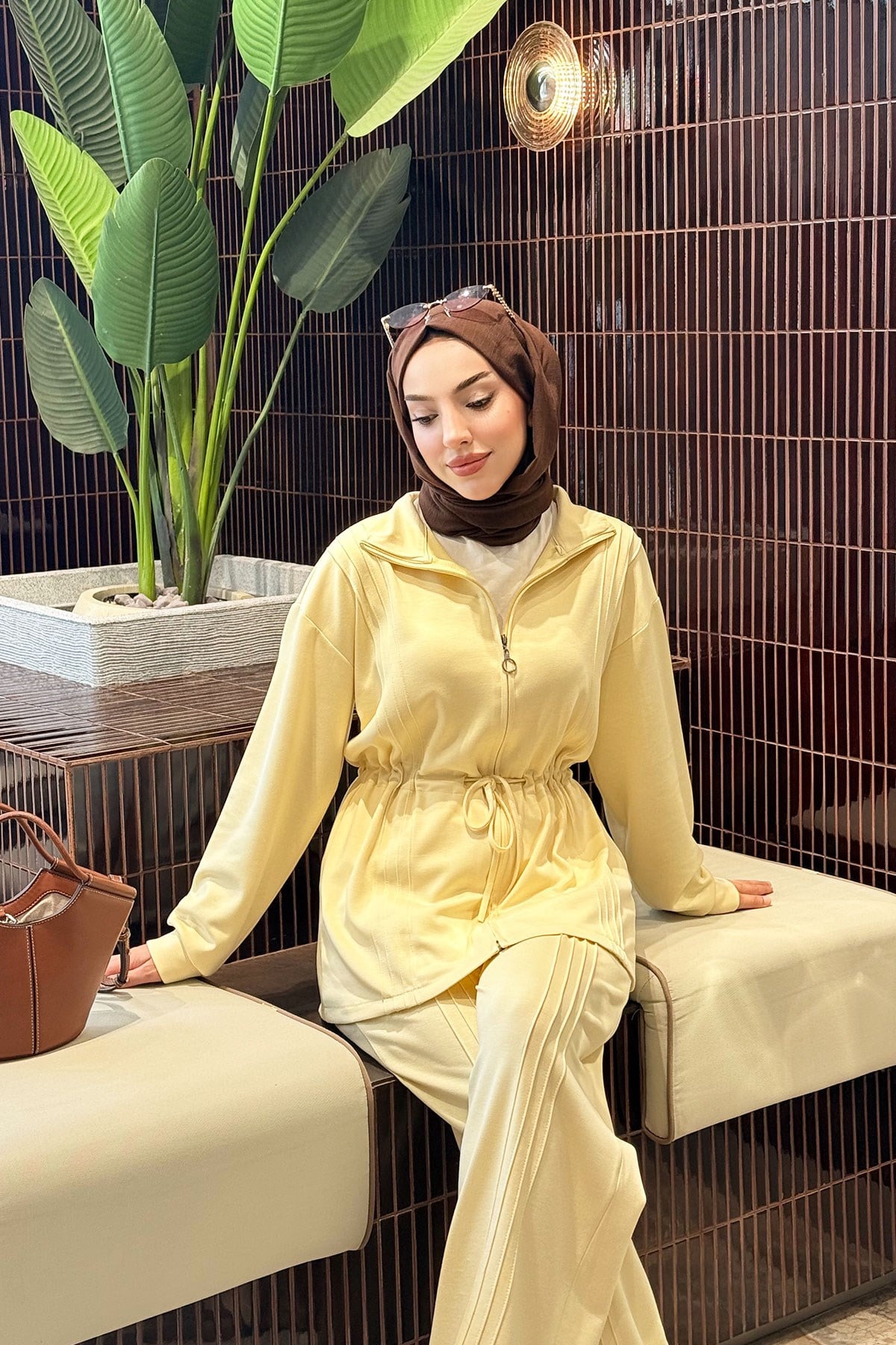 Premium Bel Büzgülü Cima Detay Double Face Pantolon Takım - Sarı