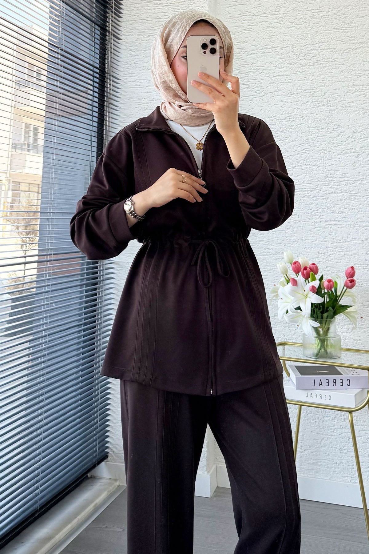 Premium Bel Büzgülü Cima Detay Double Face Pantolon Takım - Kahverengi