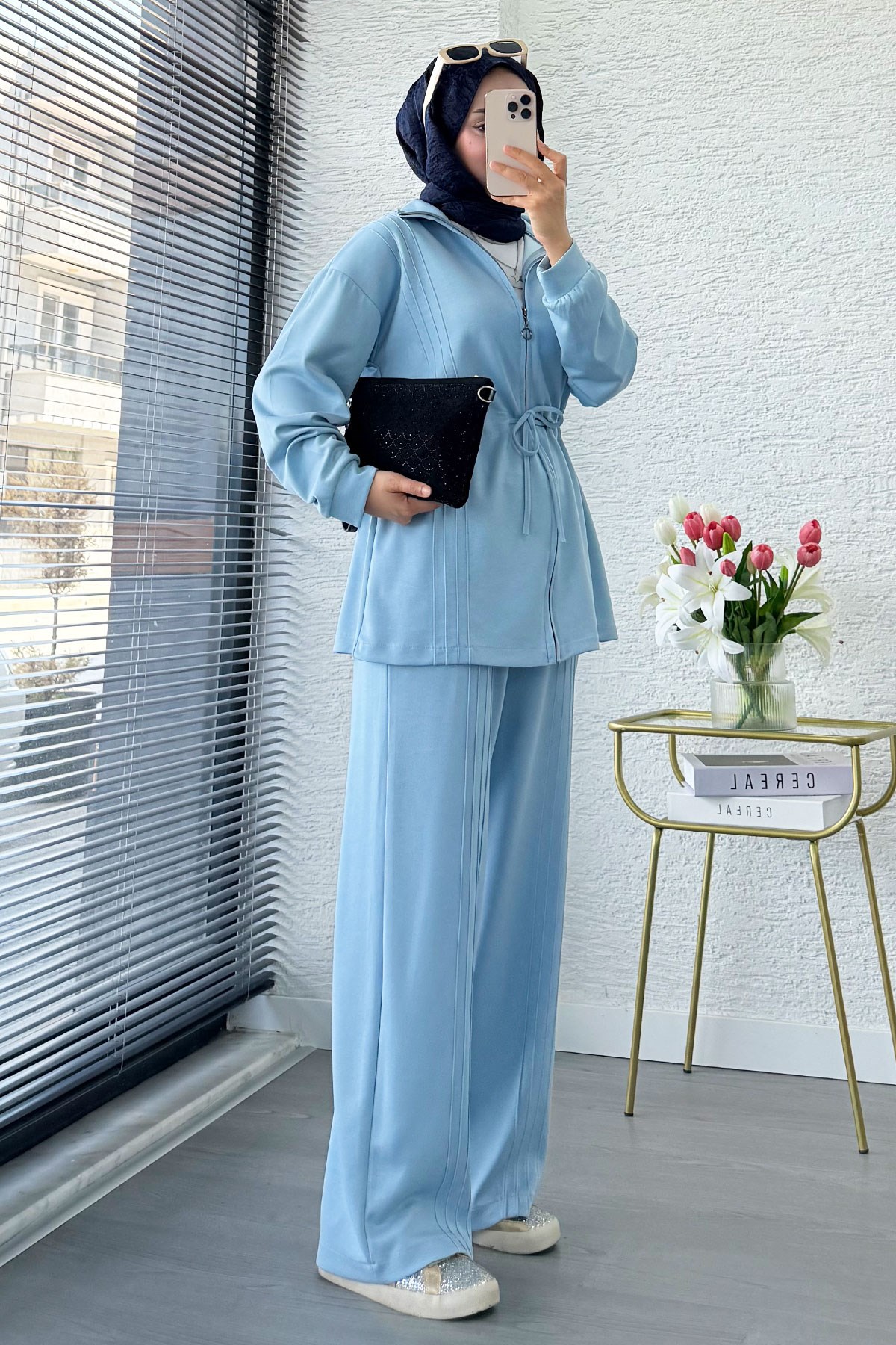 Premium Bel Büzgülü Cima Detay Double Face Pantolon Takım - Mavi
