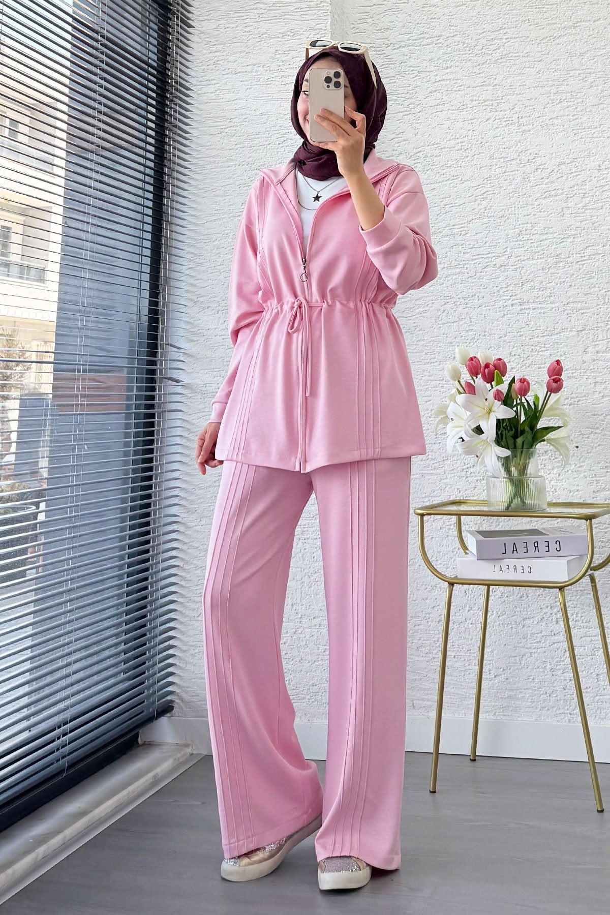 Premium Bel Büzgülü Cima Detay Double Face Pantolon Takım - Pembe
