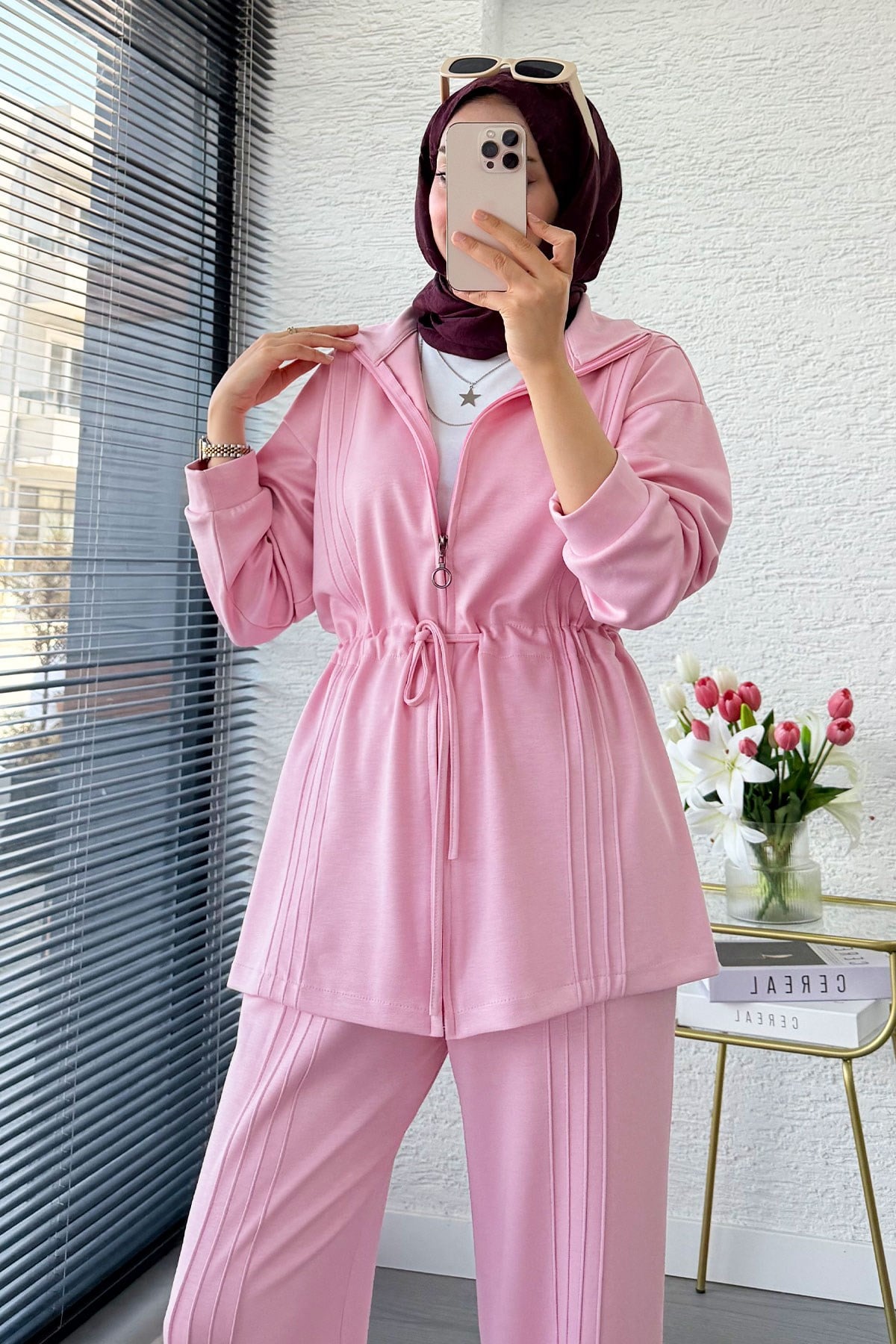 Premium Bel Büzgülü Cima Detay Double Face Pantolon Takım - Pembe
