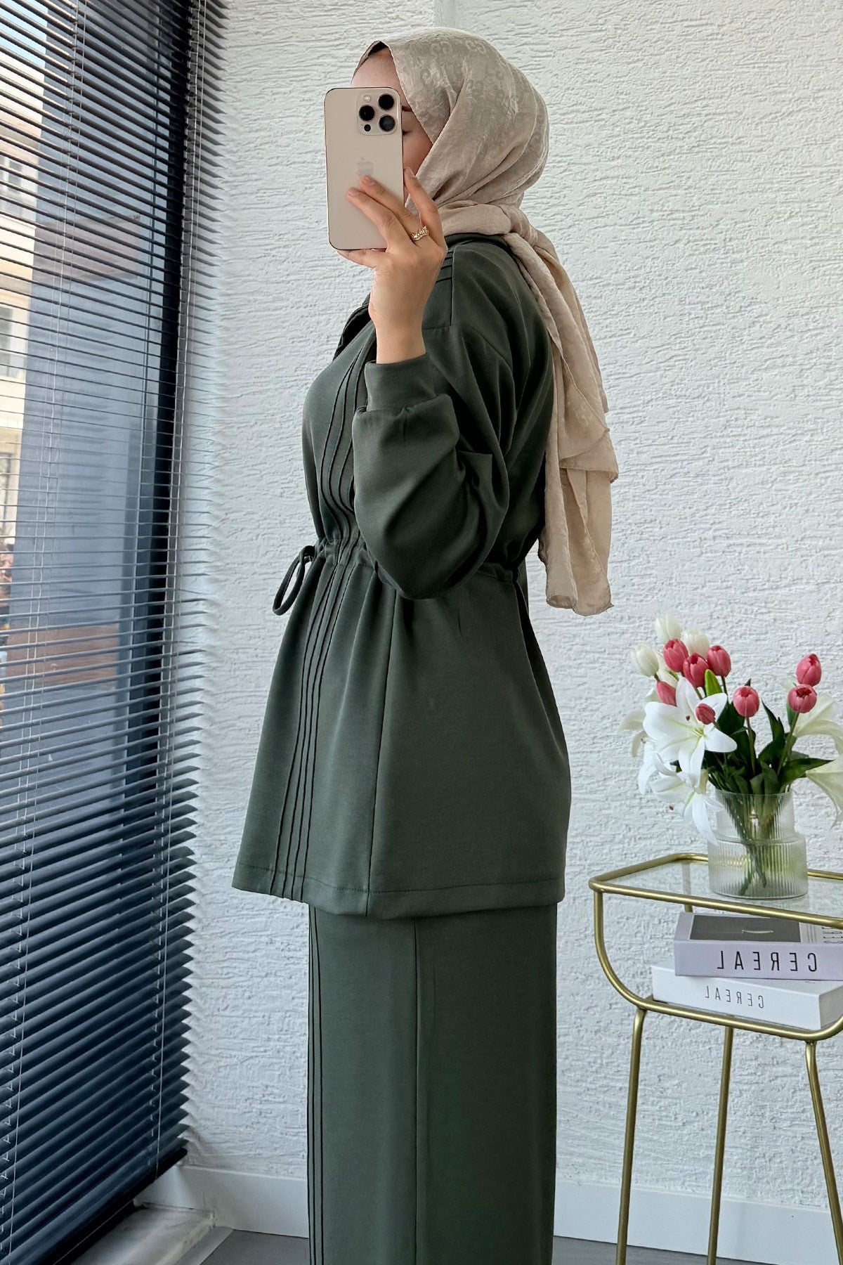 Premium Bel Büzgülü Cima Detay Double Face Pantolon Takım - Haki