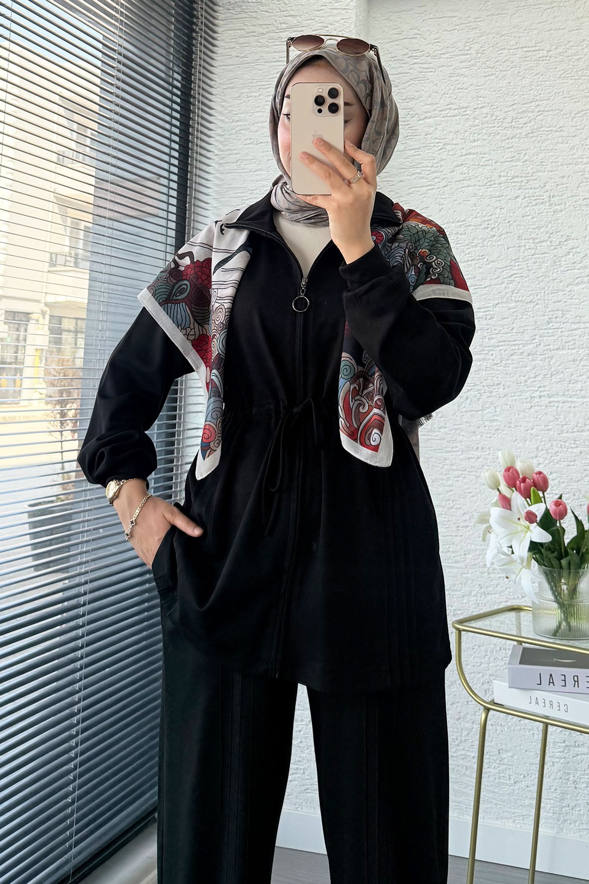 Premium Bel Büzgülü Cima Detay Double Face Pantolon Takım - Siyah