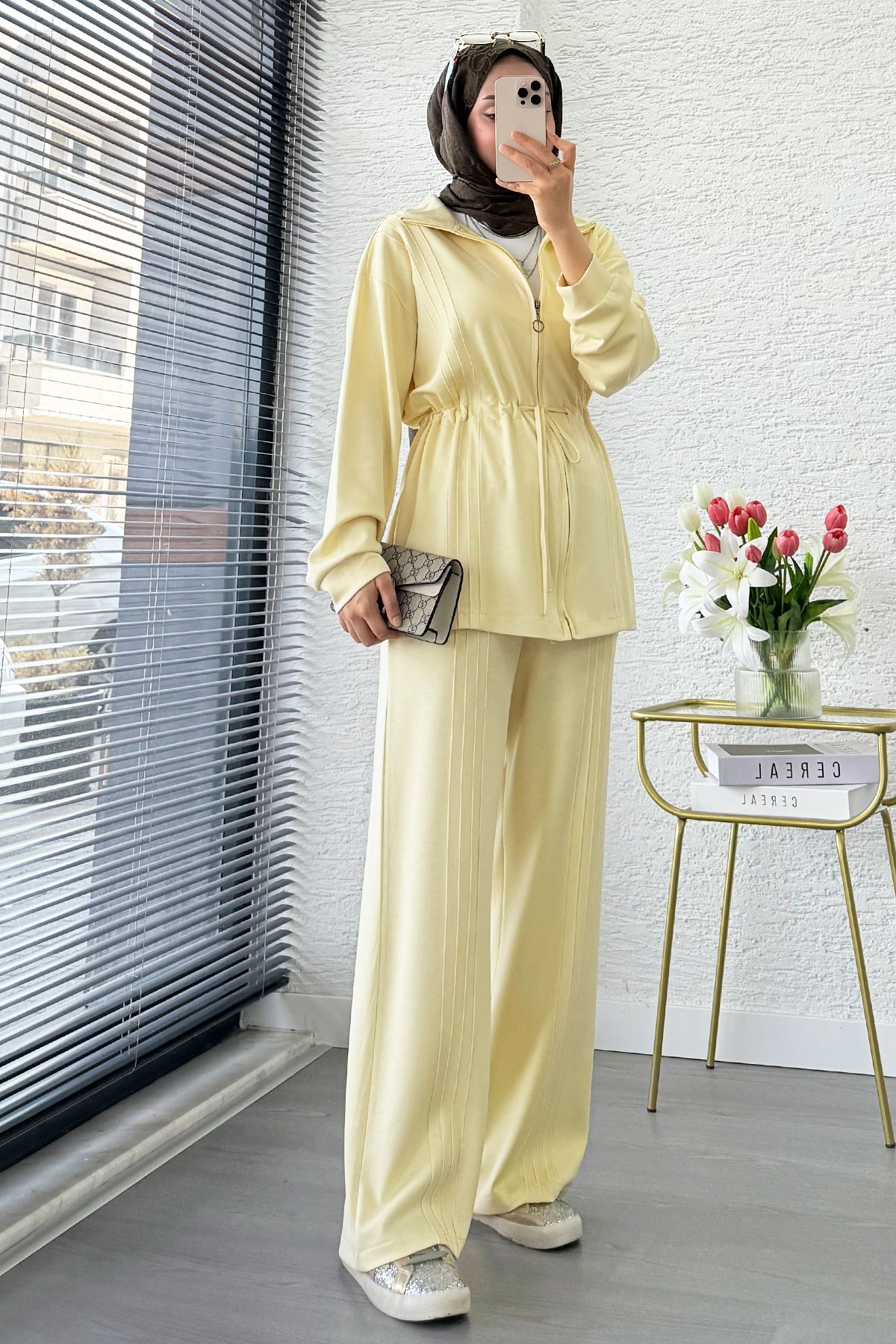 Premium Bel Büzgülü Cima Detay Double Face Pantolon Takım - Sarı