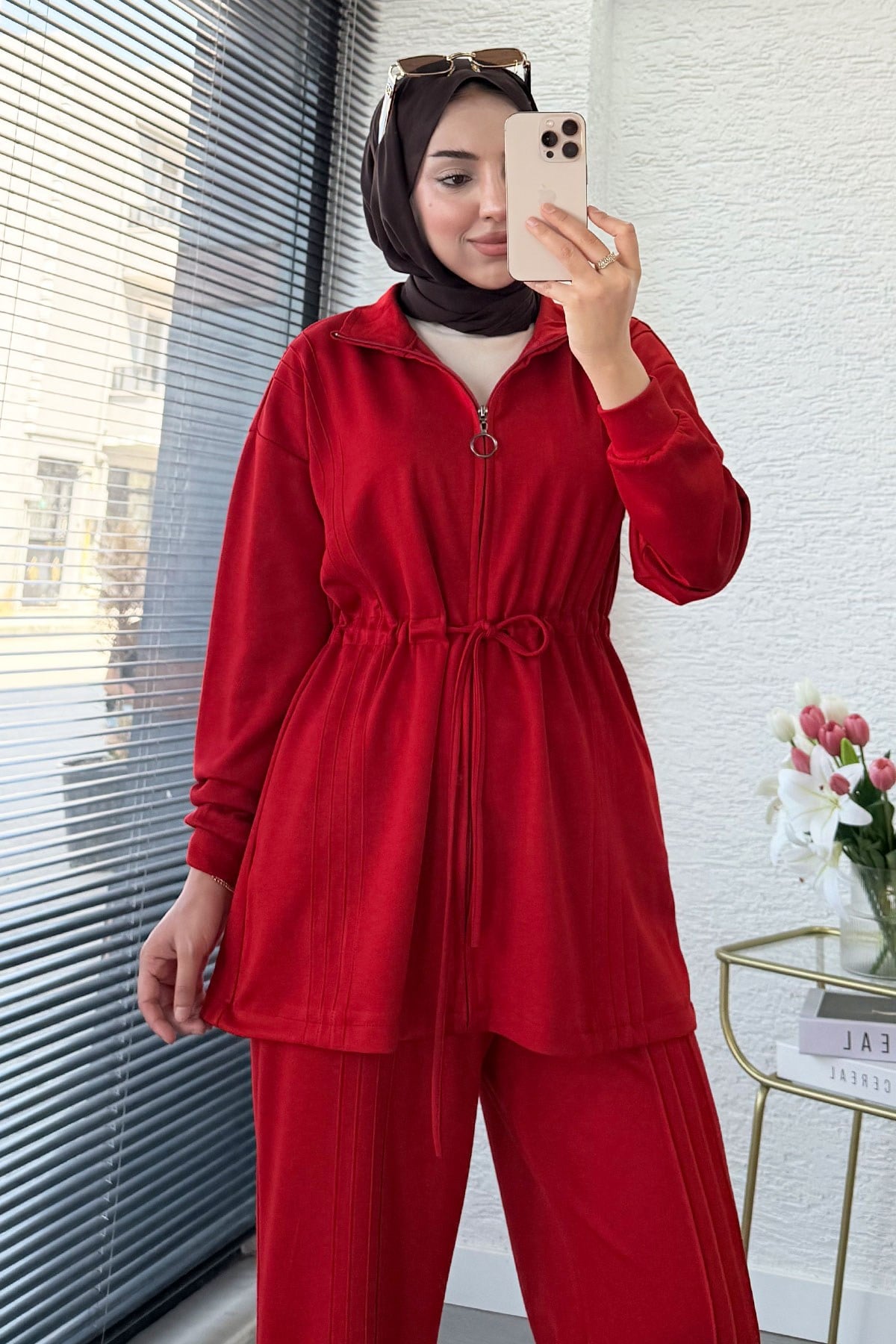 Premium Bel Büzgülü Cima Detay Double Face Pantolon Takım - Kırmızı