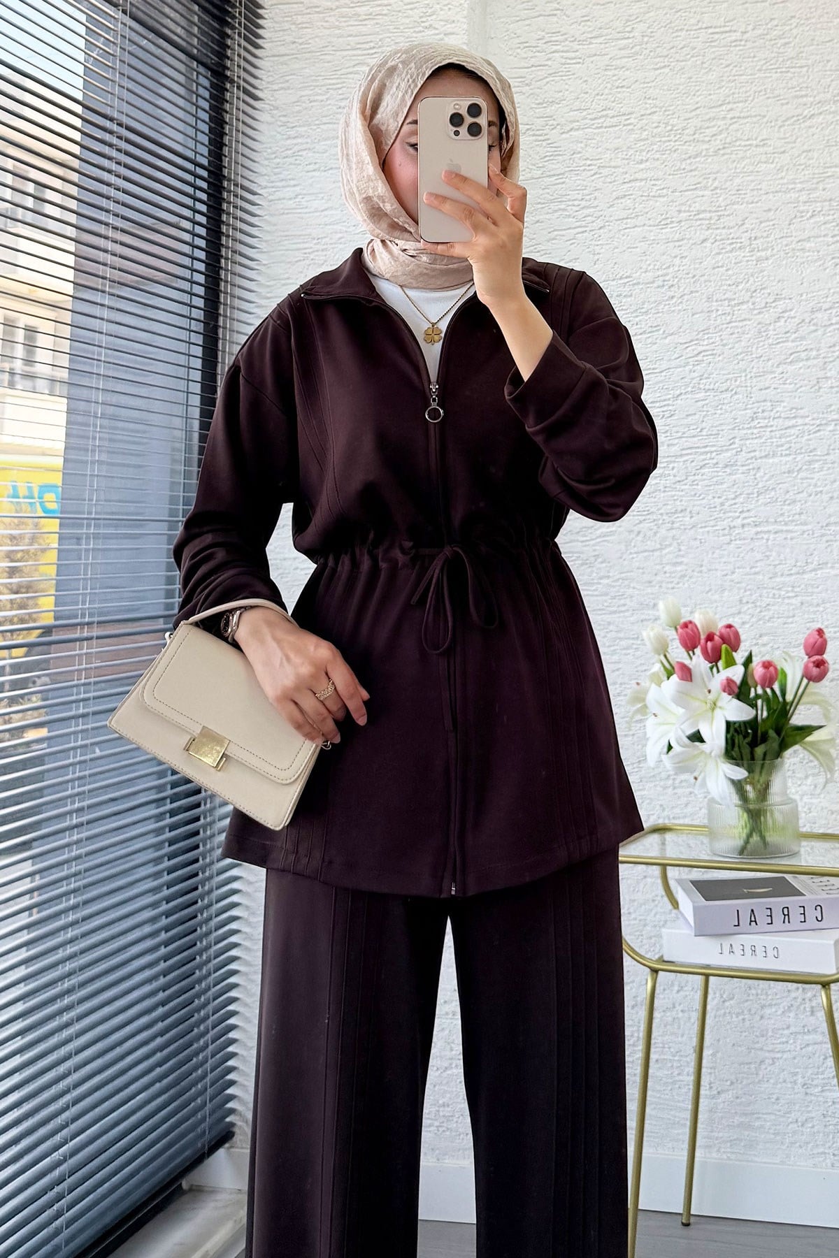 Premium Bel Büzgülü Cima Detay Double Face Pantolon Takım - Kahverengi