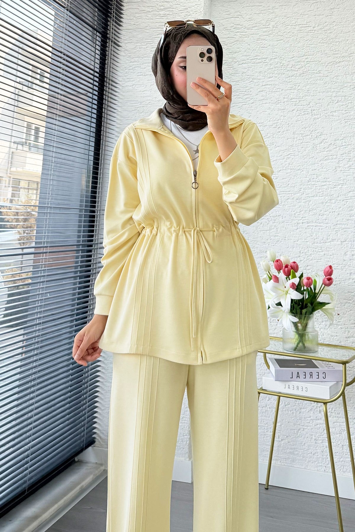 Premium Bel Büzgülü Cima Detay Double Face Pantolon Takım - Sarı