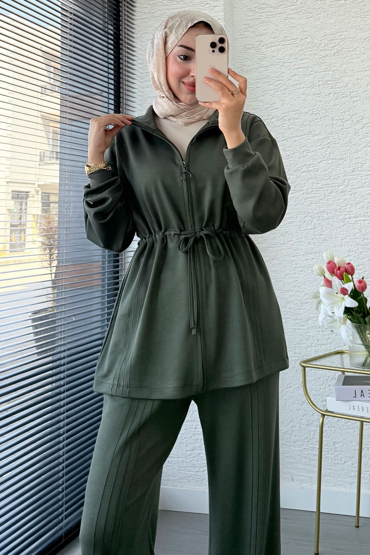 Premium Bel Büzgülü Cima Detay Double Face Pantolon Takım - Haki