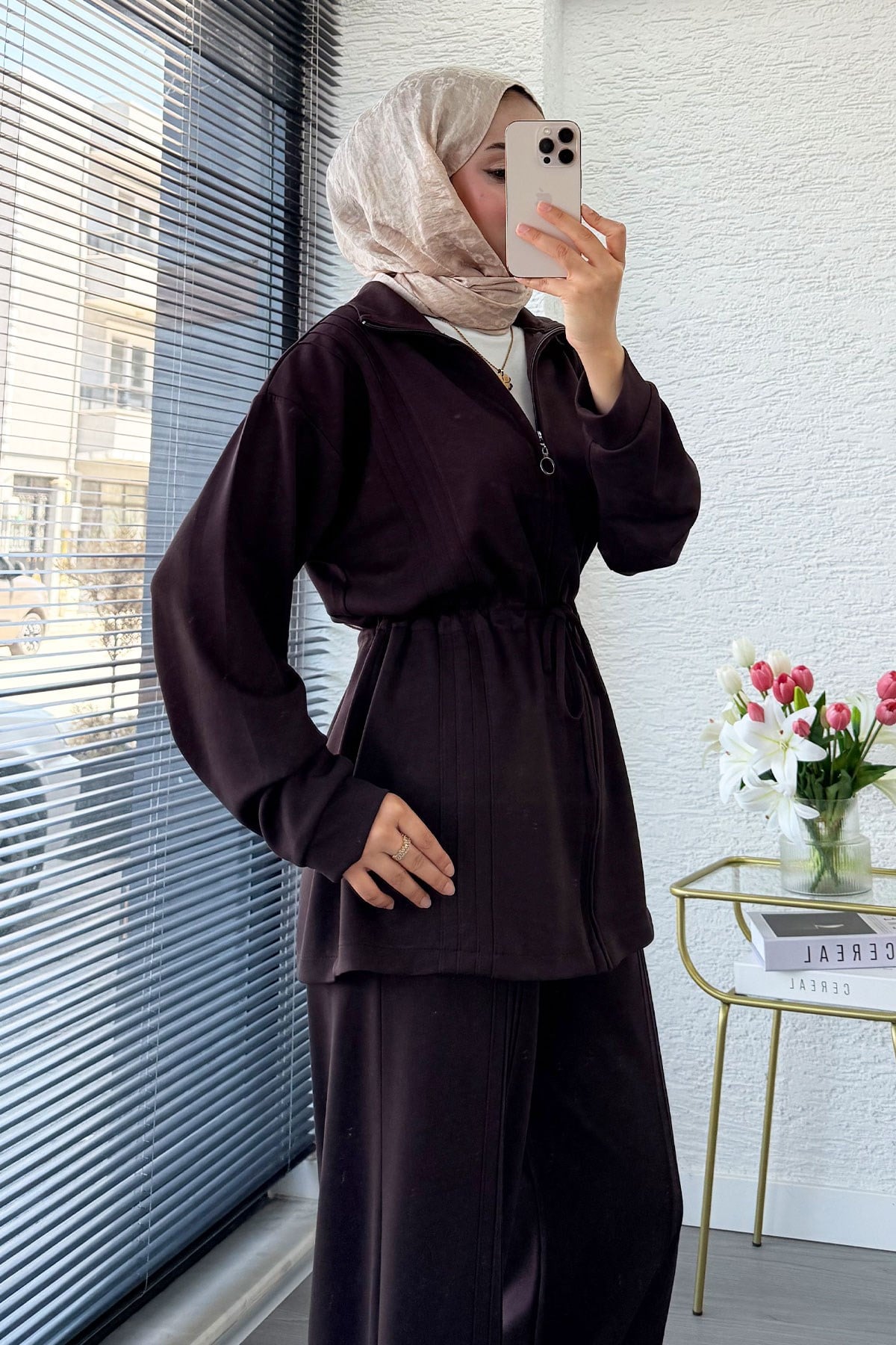Premium Bel Büzgülü Cima Detay Double Face Pantolon Takım - Kahverengi