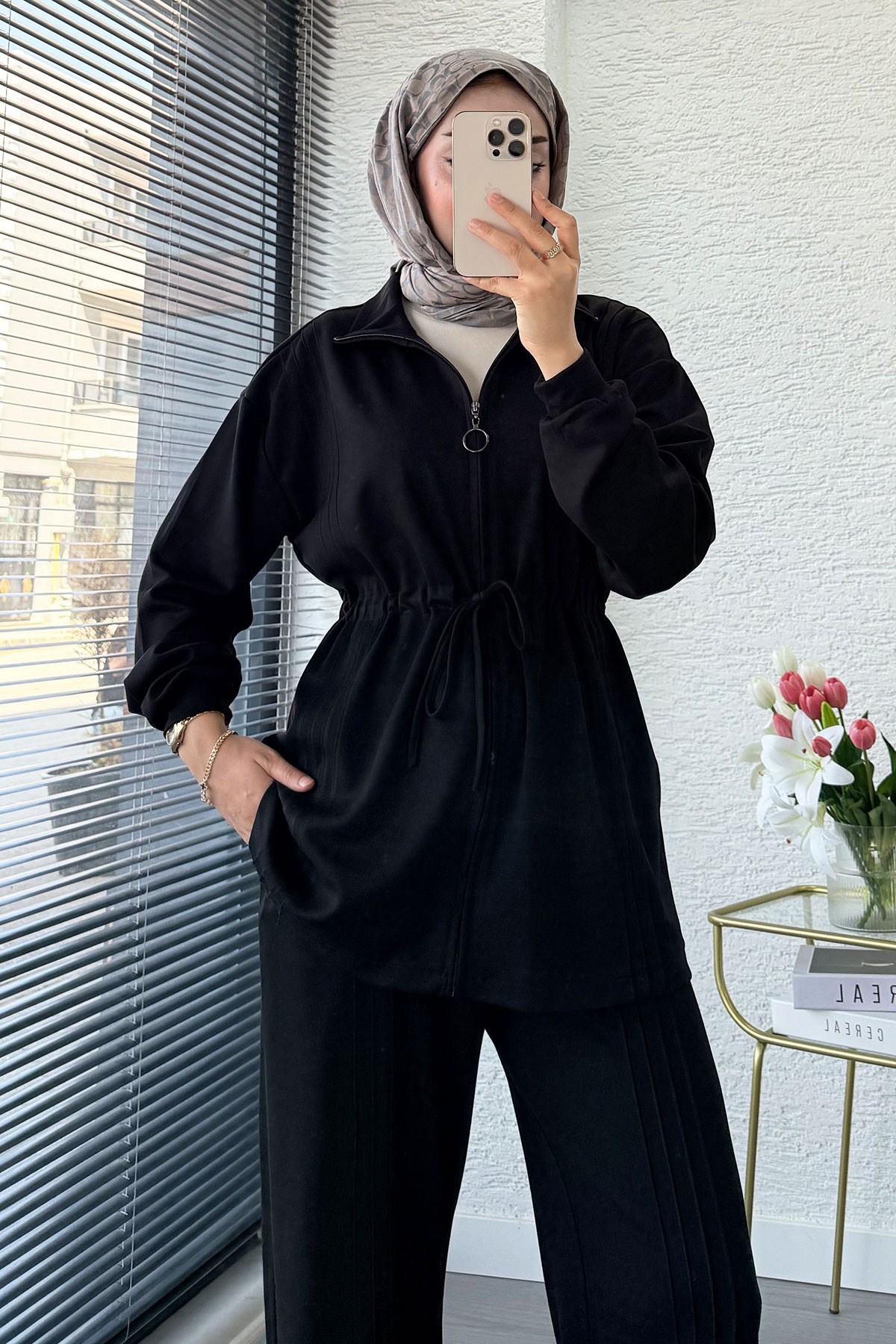 Premium Bel Büzgülü Cima Detay Double Face Pantolon Takım - Siyah