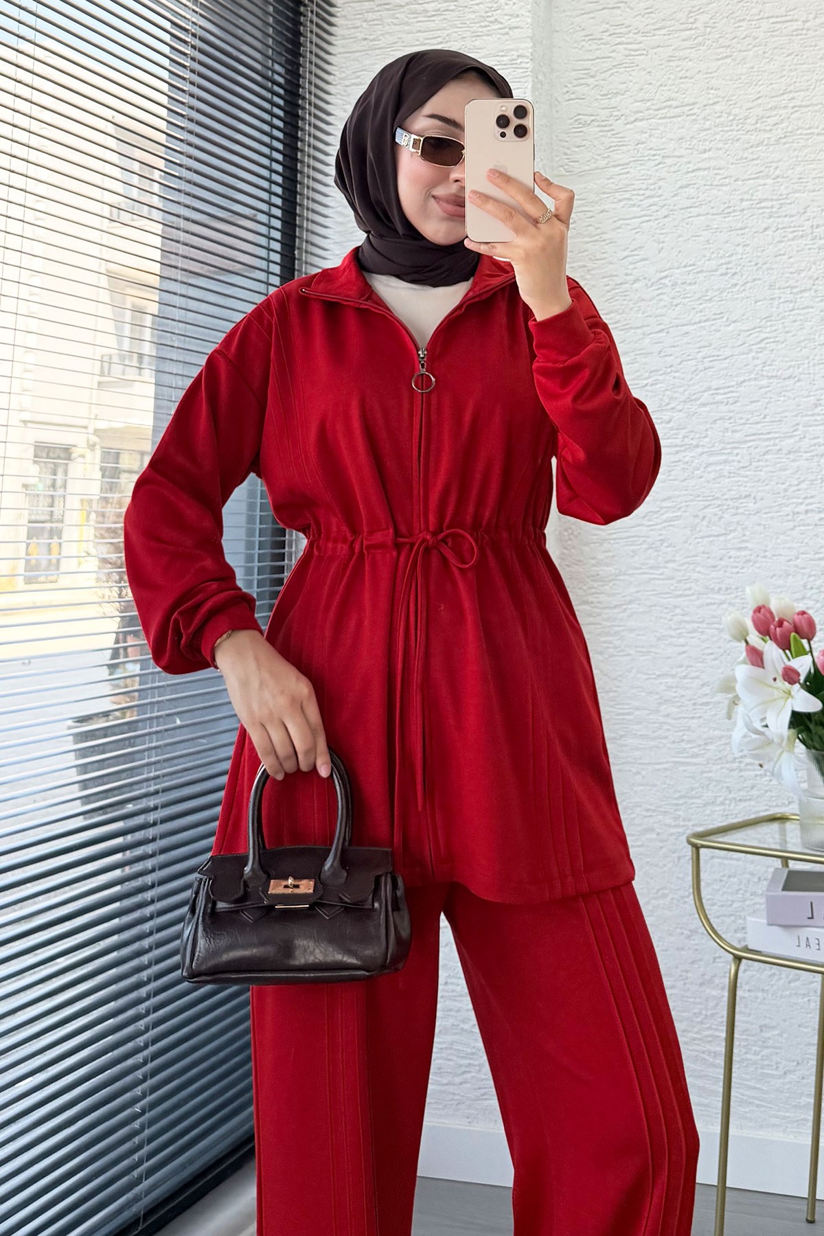 Premium Bel Büzgülü Cima Detay Double Face Pantolon Takım - Kırmızı