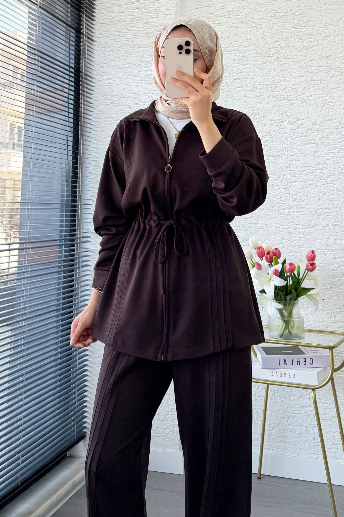 Premium Bel Büzgülü Cima Detay Double Face Pantolon Takım - Kahverengi