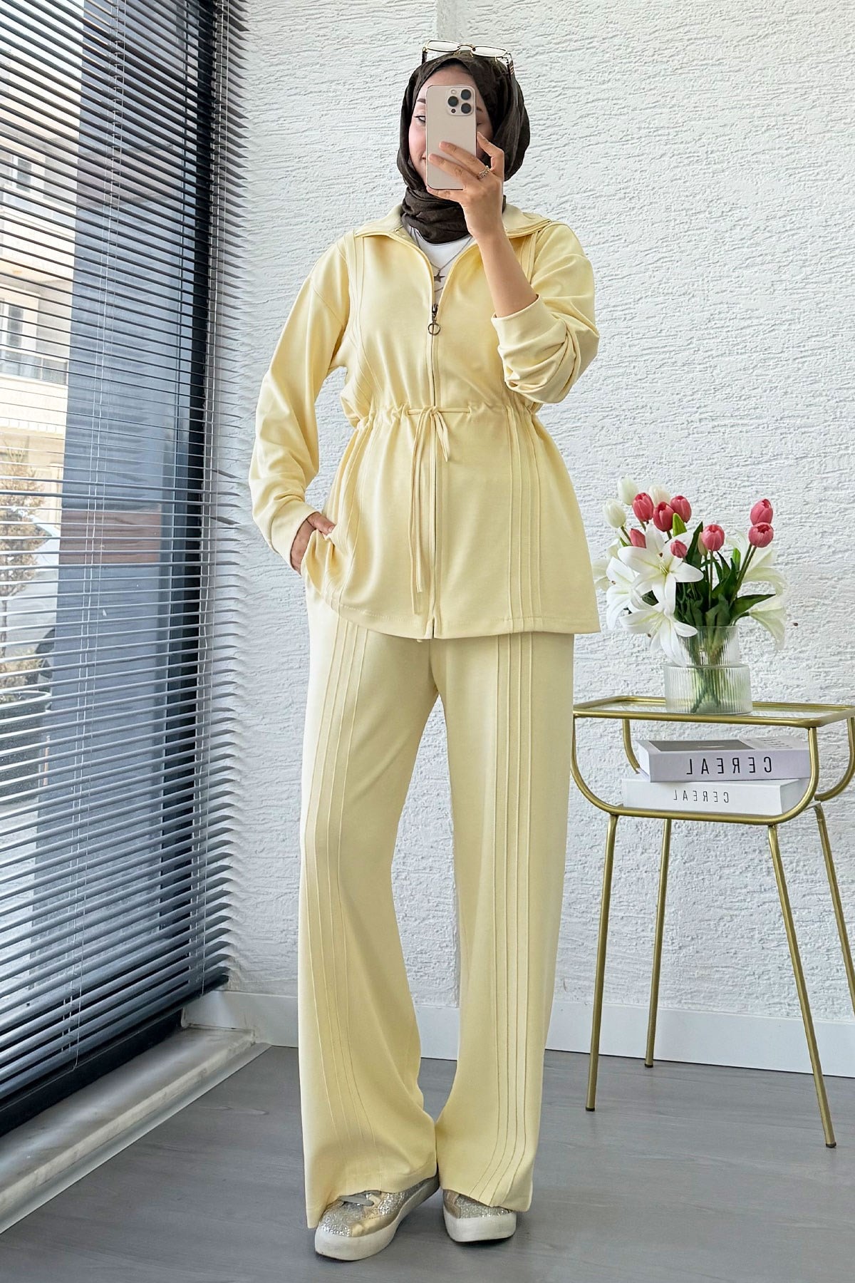 Premium Bel Büzgülü Cima Detay Double Face Pantolon Takım - Sarı
