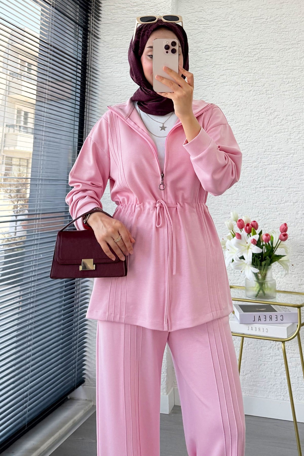Premium Bel Büzgülü Cima Detay Double Face Pantolon Takım - Pembe
