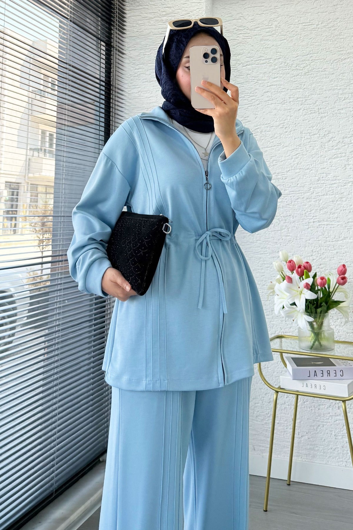 Premium Bel Büzgülü Cima Detay Double Face Pantolon Takım - Mavi
