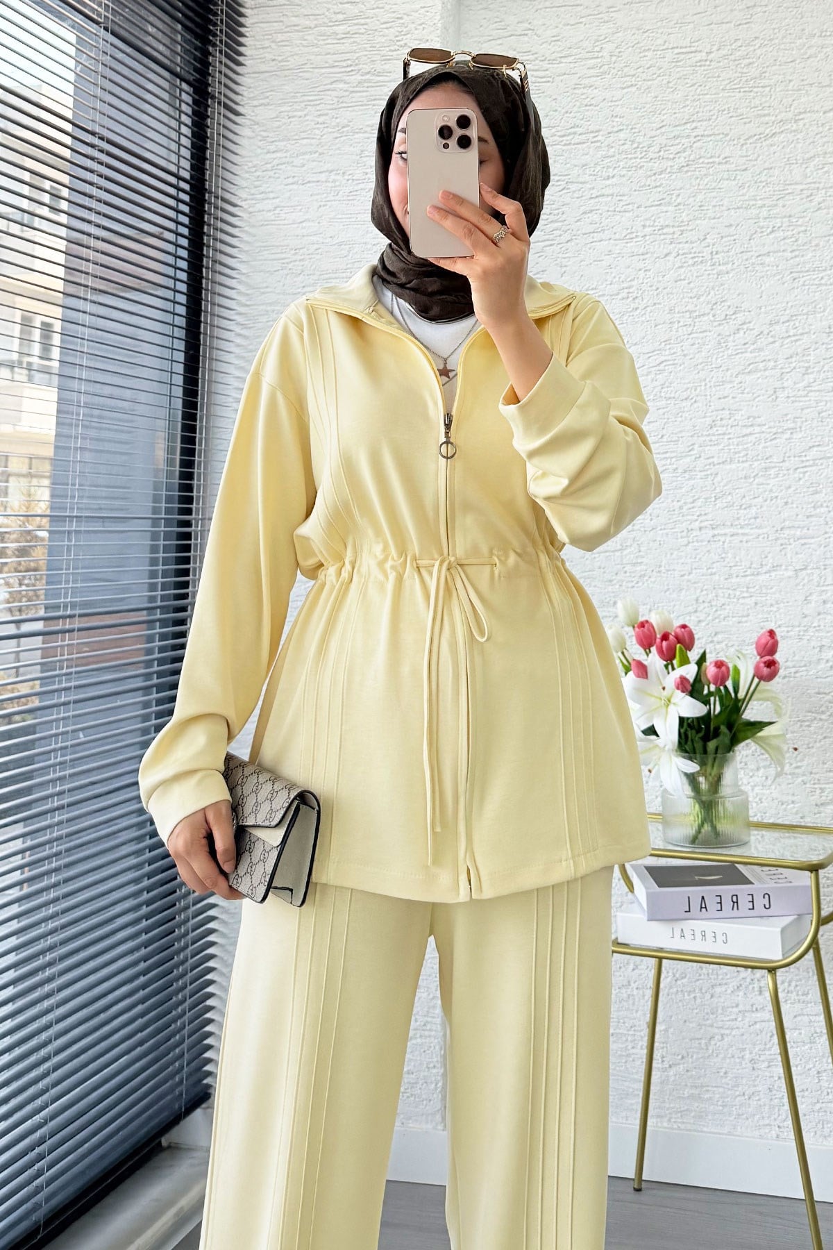 Premium Bel Büzgülü Cima Detay Double Face Pantolon Takım - Sarı