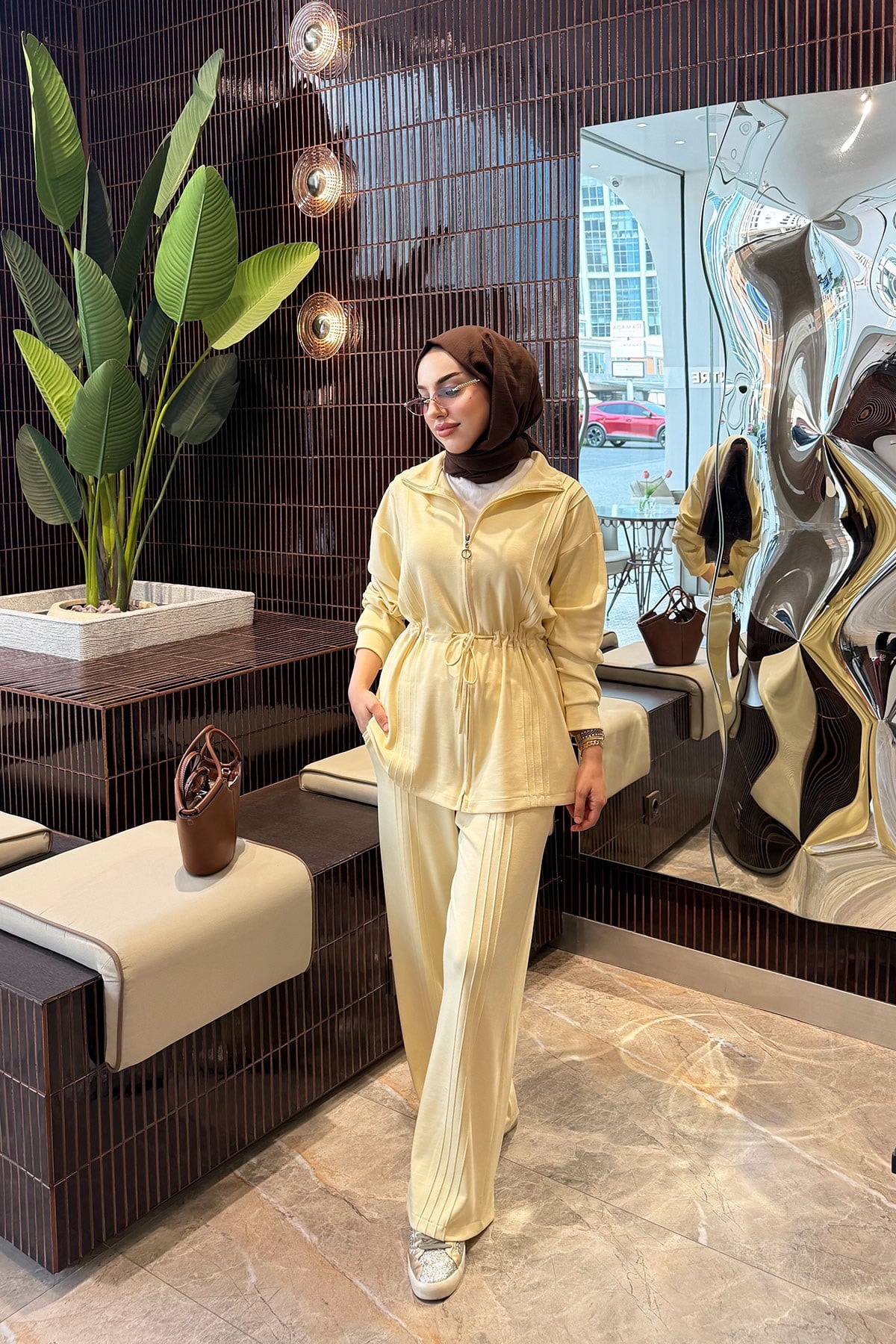 Premium Bel Büzgülü Cima Detay Double Face Pantolon Takım - Sarı