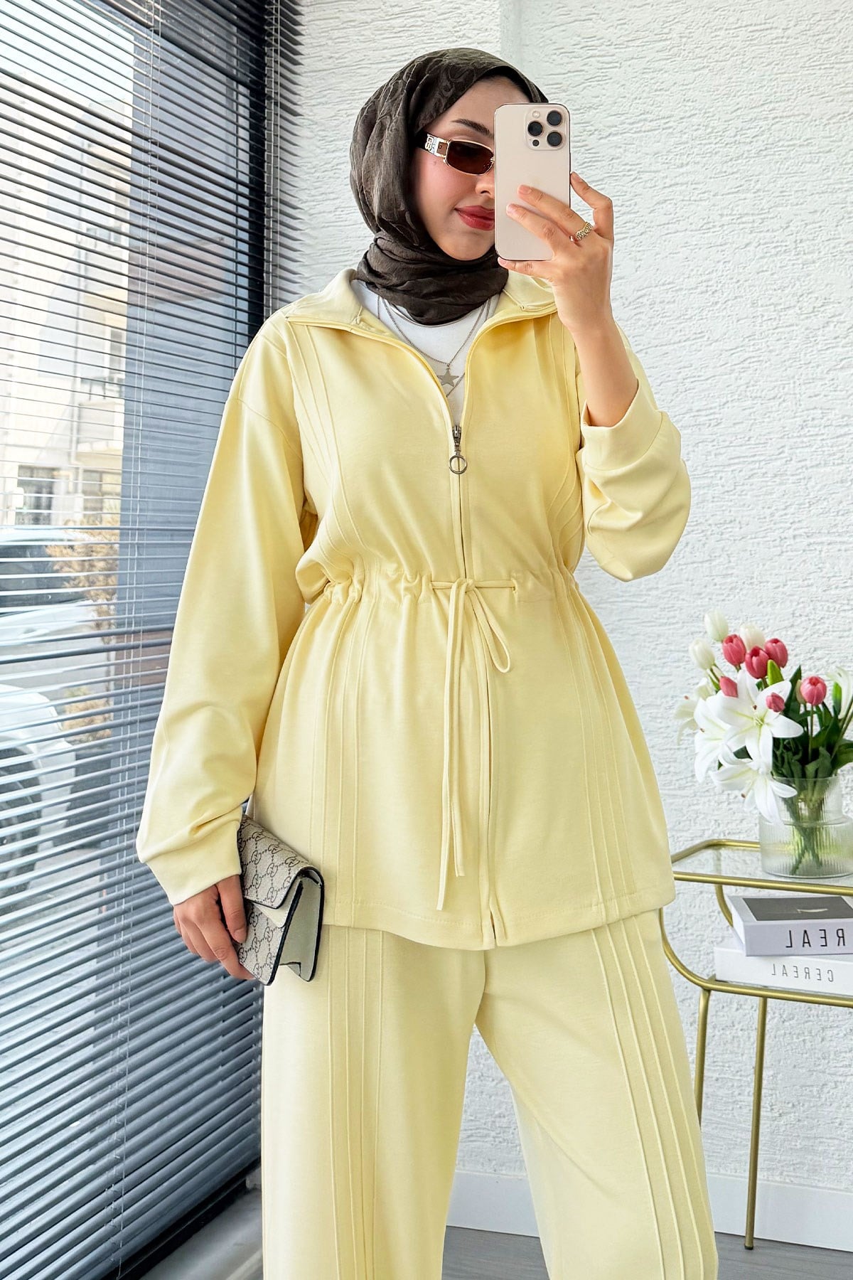 Premium Bel Büzgülü Cima Detay Double Face Pantolon Takım - Sarı