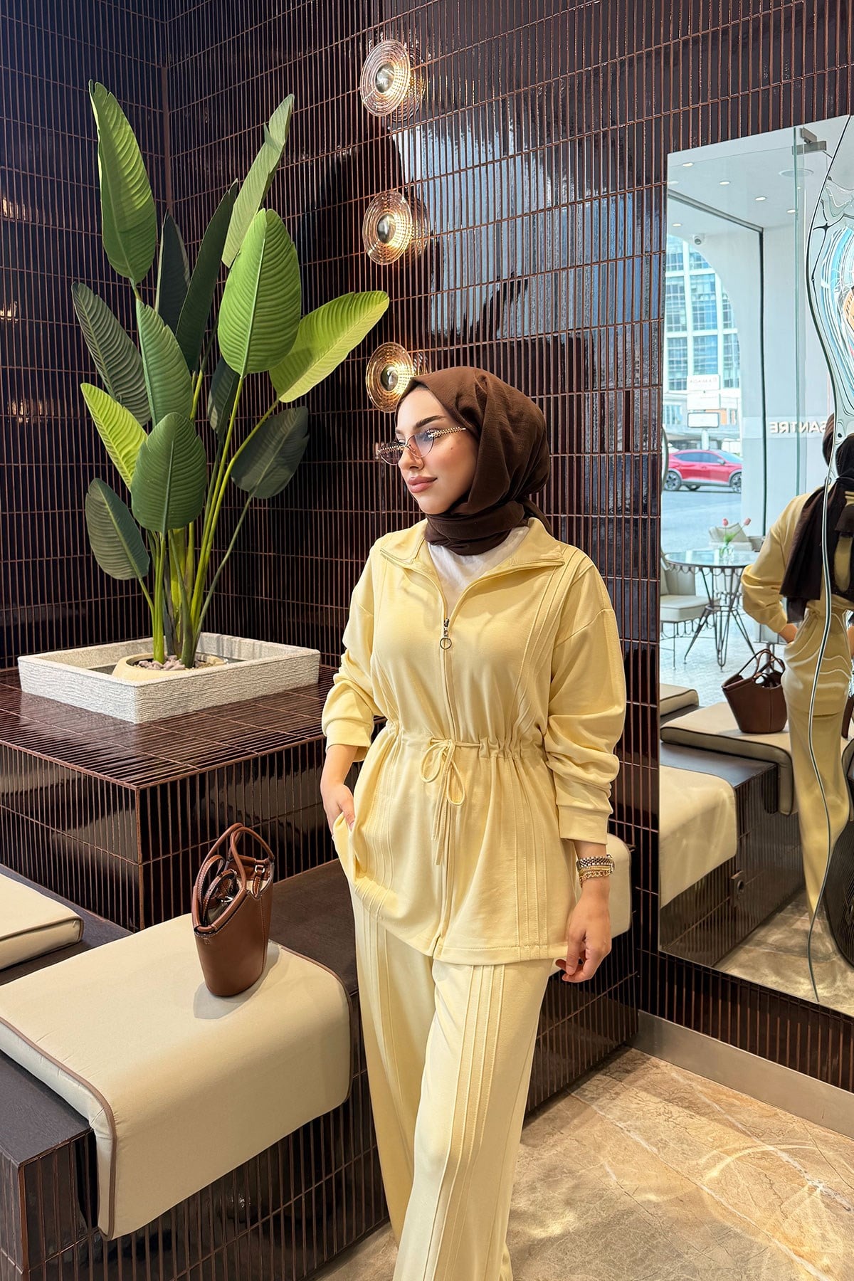 Premium Bel Büzgülü Cima Detay Double Face Pantolon Takım - Sarı