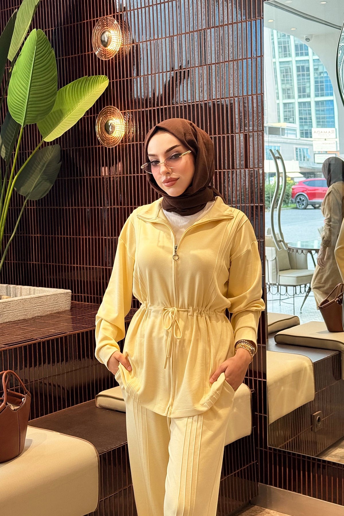 Premium Bel Büzgülü Cima Detay Double Face Pantolon Takım - Sarı