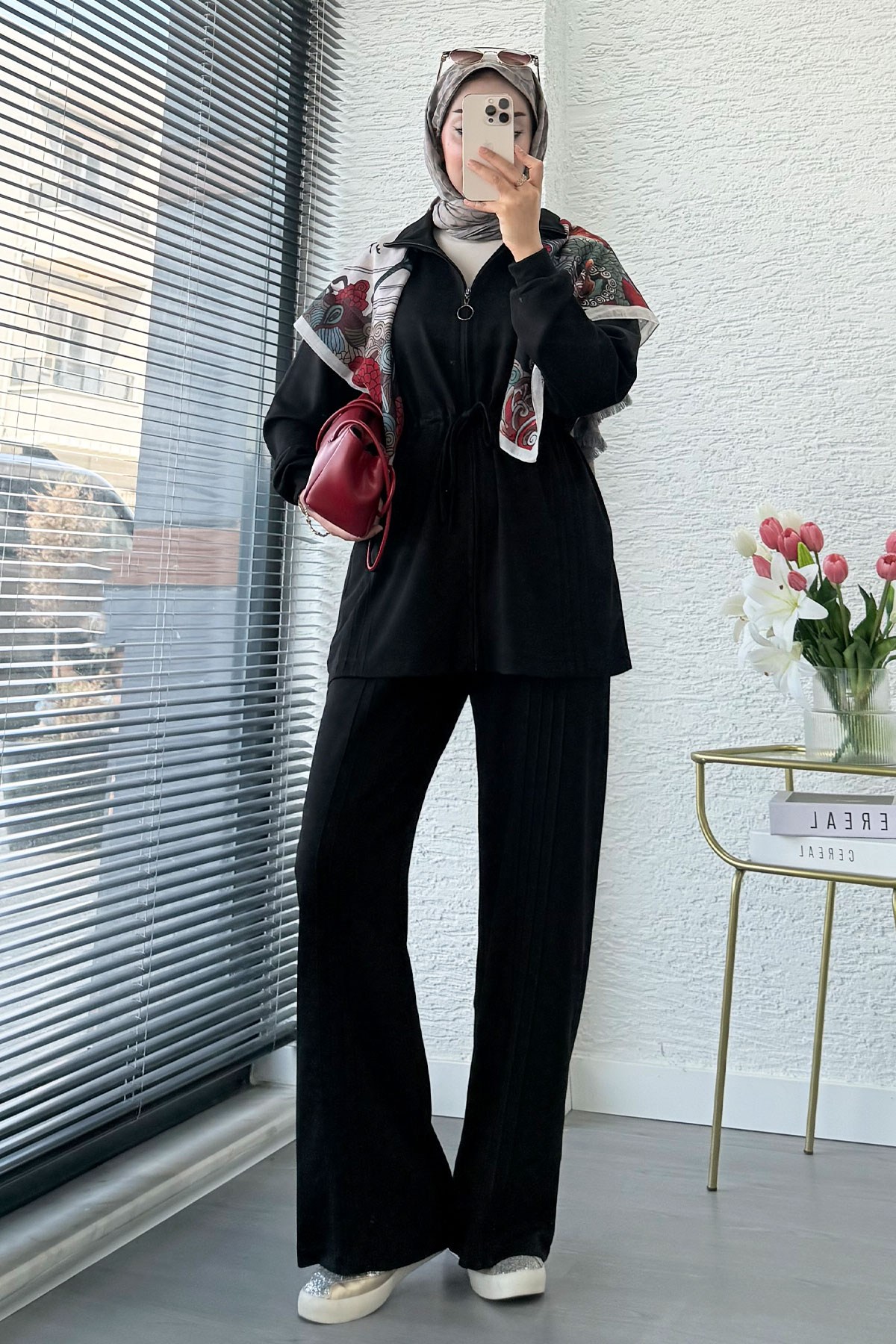 Premium Bel Büzgülü Cima Detay Double Face Pantolon Takım - Siyah