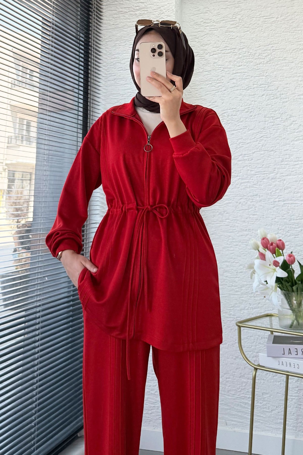 Premium Bel Büzgülü Cima Detay Double Face Pantolon Takım - Kırmızı
