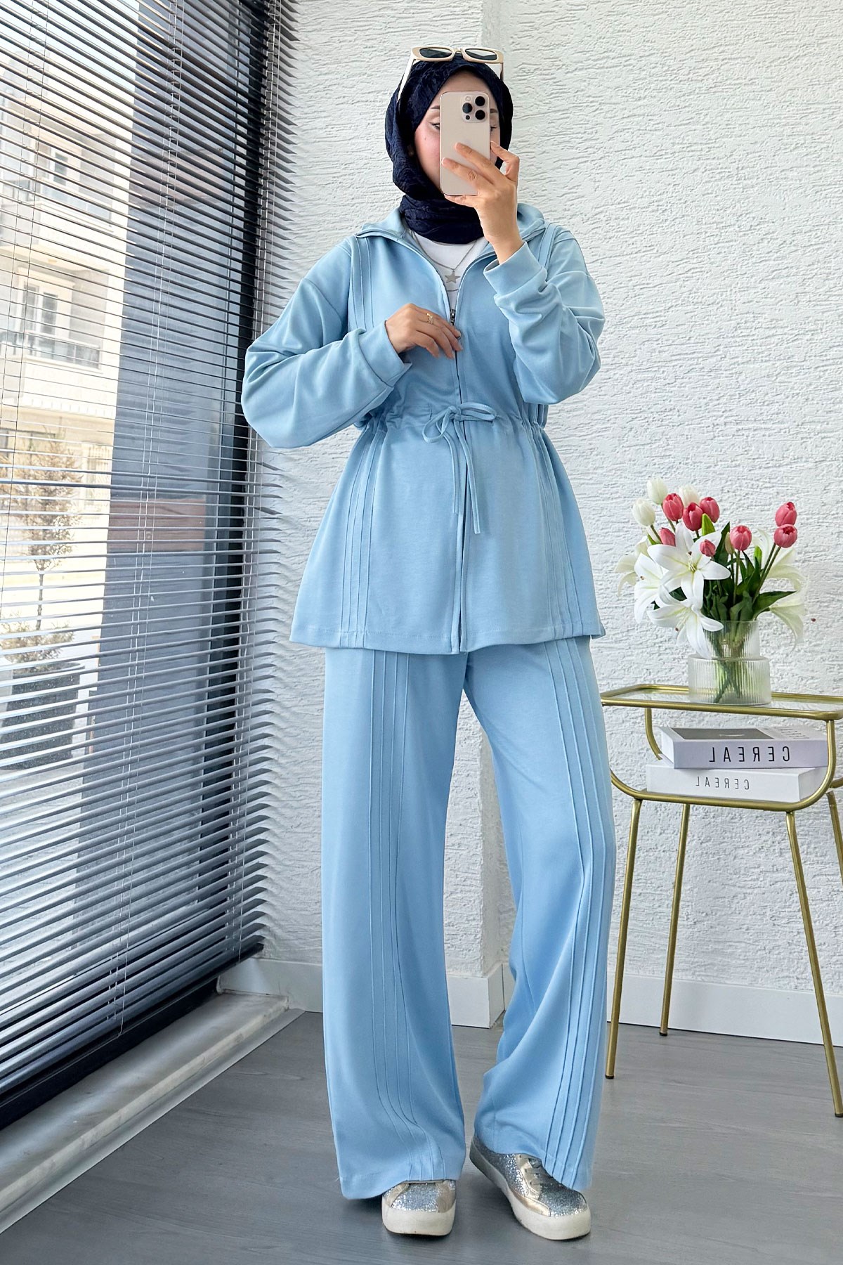Premium Bel Büzgülü Cima Detay Double Face Pantolon Takım - Mavi