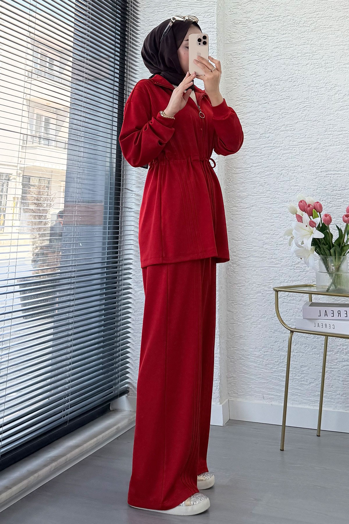 Premium Bel Büzgülü Cima Detay Double Face Pantolon Takım - Kırmızı