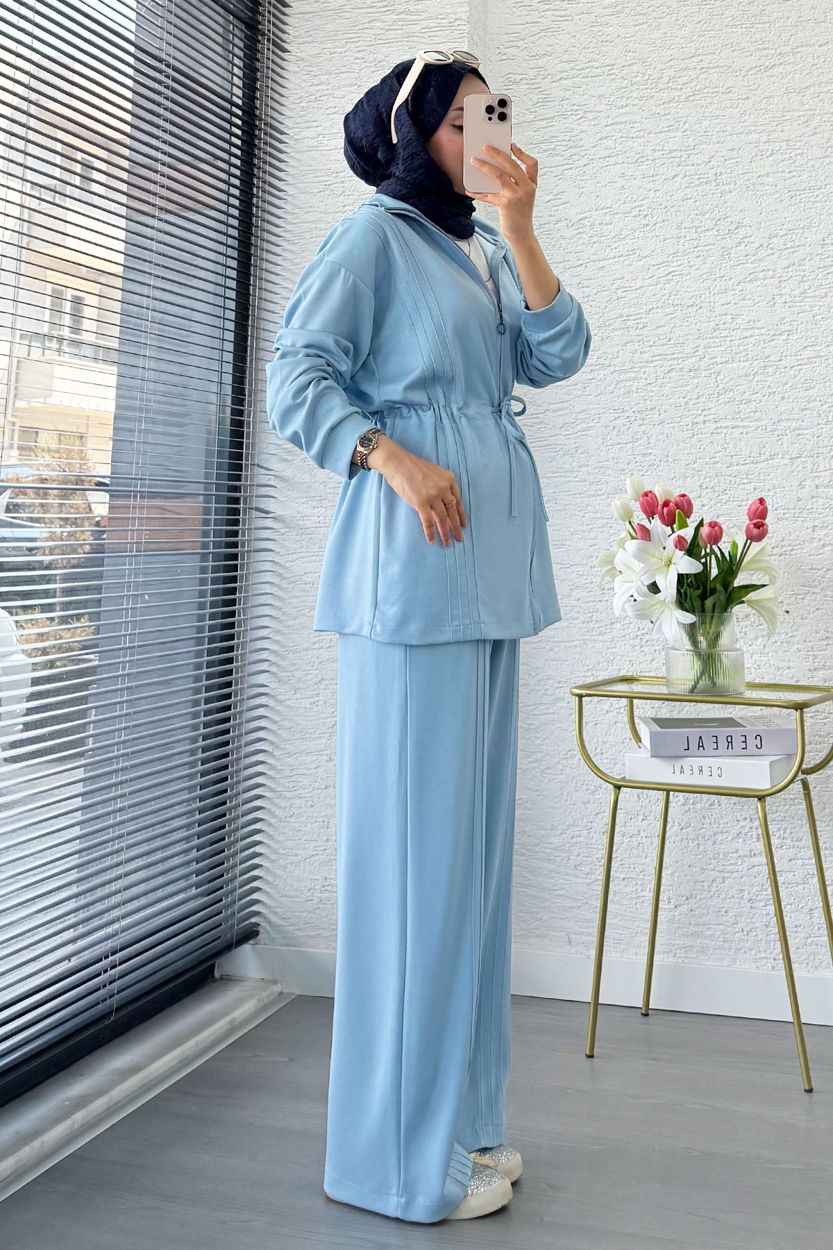 Premium Bel Büzgülü Cima Detay Double Face Pantolon Takım - Mavi