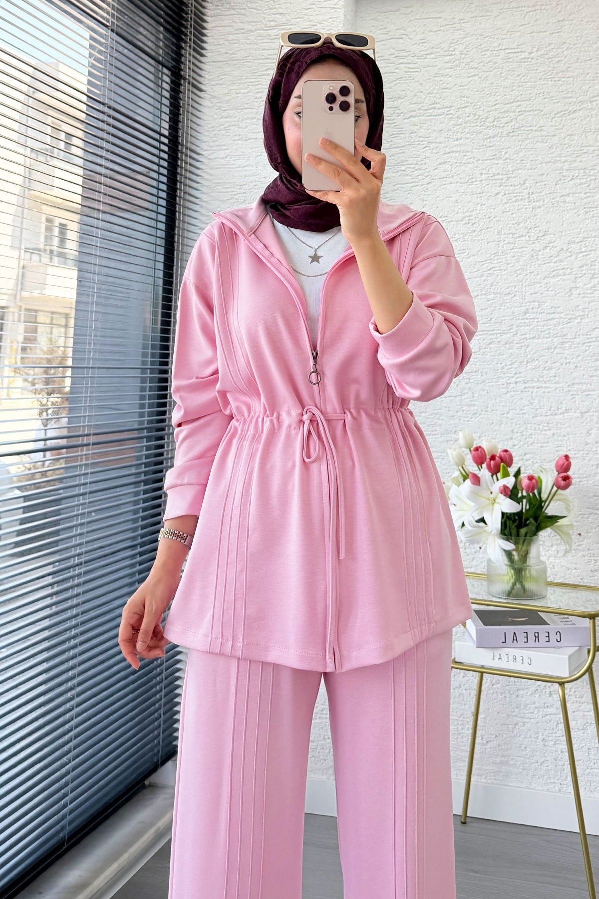 Premium Bel Büzgülü Cima Detay Double Face Pantolon Takım - Pembe