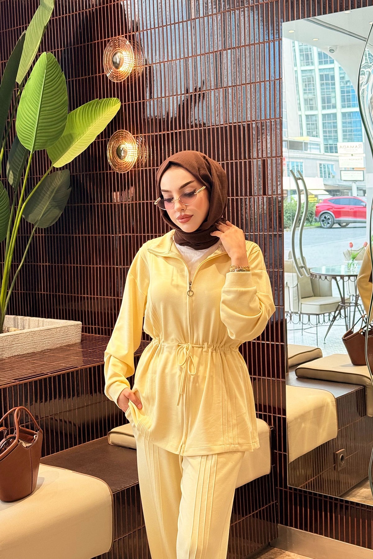Premium Bel Büzgülü Cima Detay Double Face Pantolon Takım - Sarı