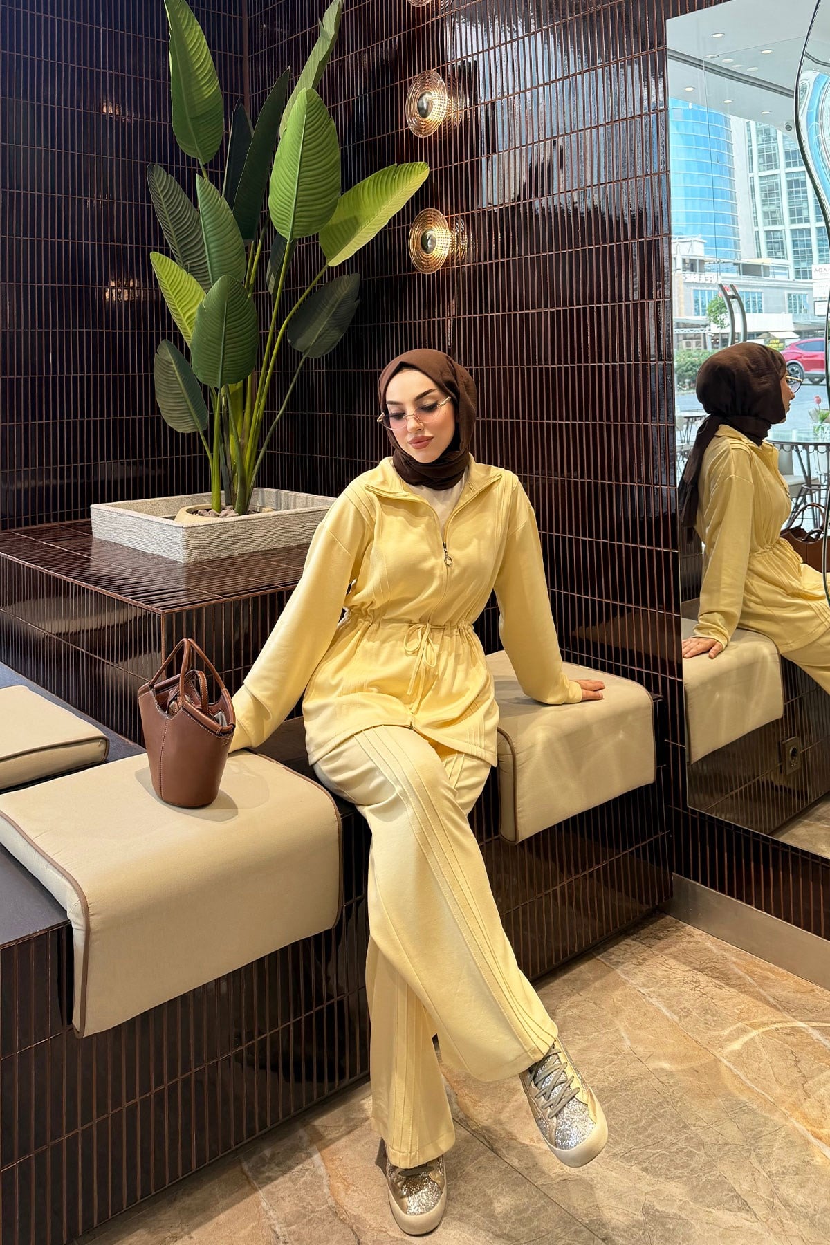 Premium Bel Büzgülü Cima Detay Double Face Pantolon Takım - Sarı