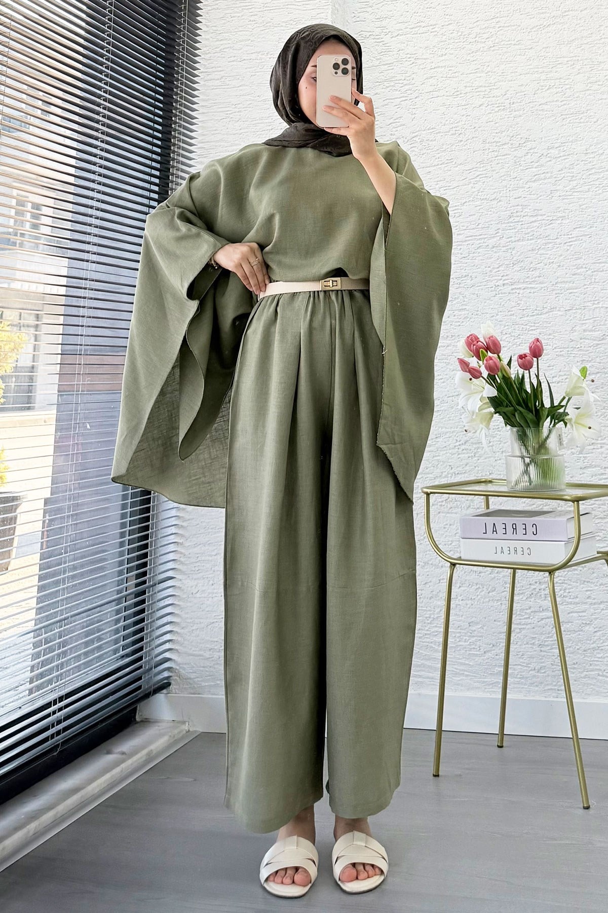 Premium Bella Yarasa Kol Keten Pantolon Takım - Haki