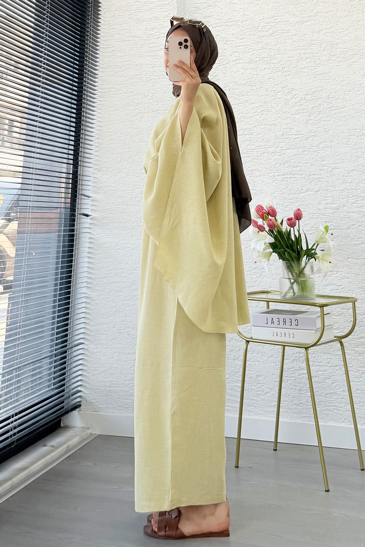 Premium Bella Yarasa Kol Keten Pantolon Takım - Hardal