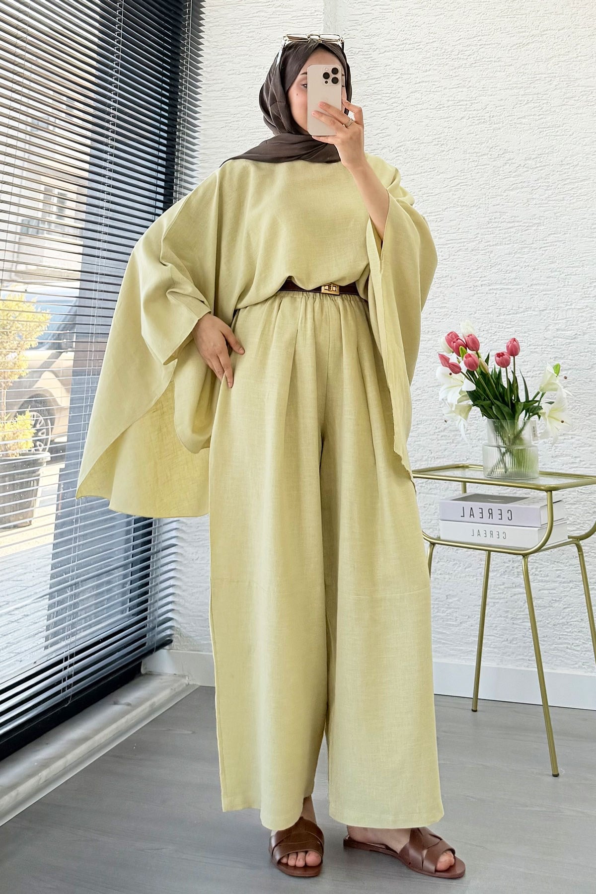 Premium Bella Yarasa Kol Keten Pantolon Takım - Hardal