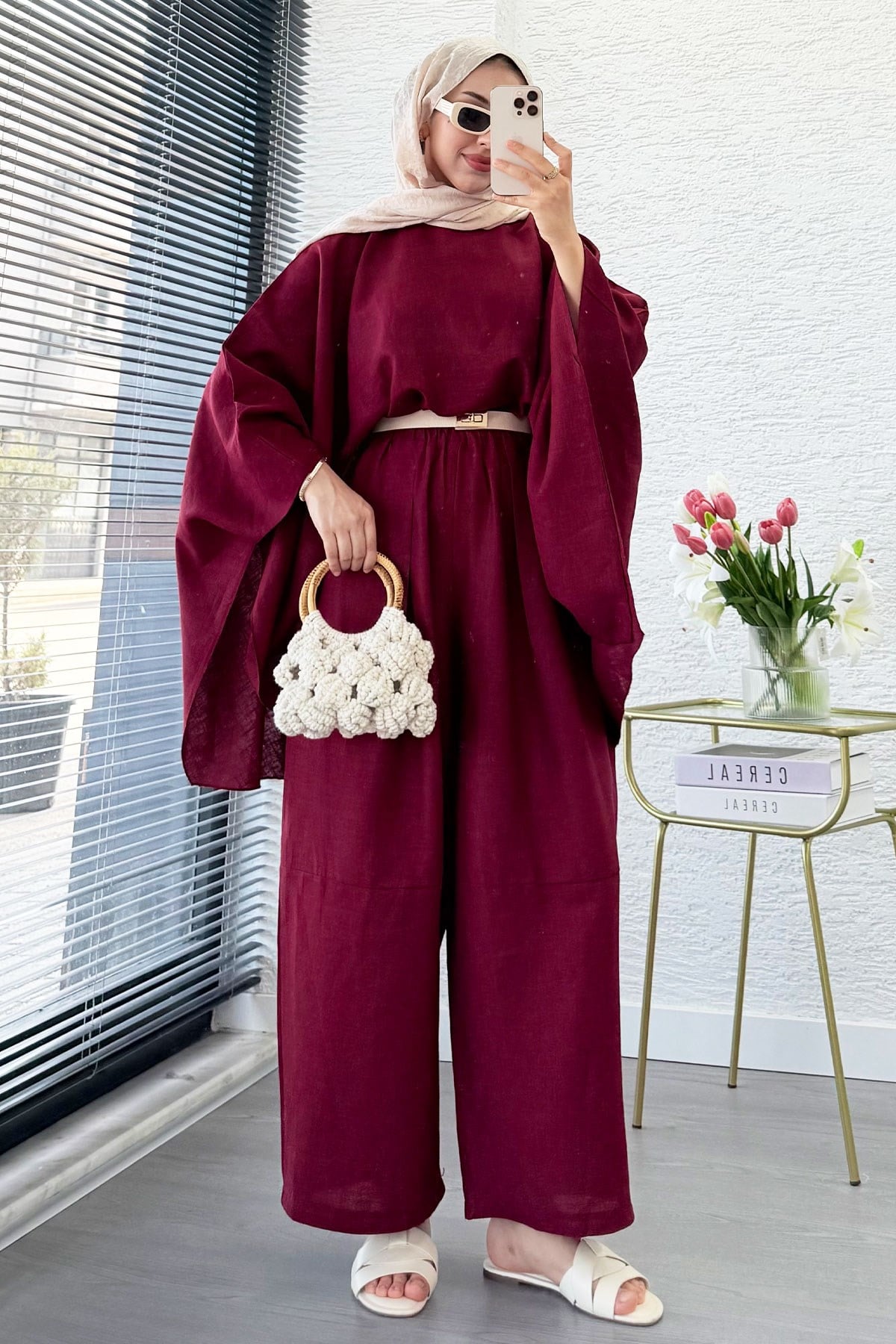Premium Bella Yarasa Kol Keten Pantolon Takım - Bordo