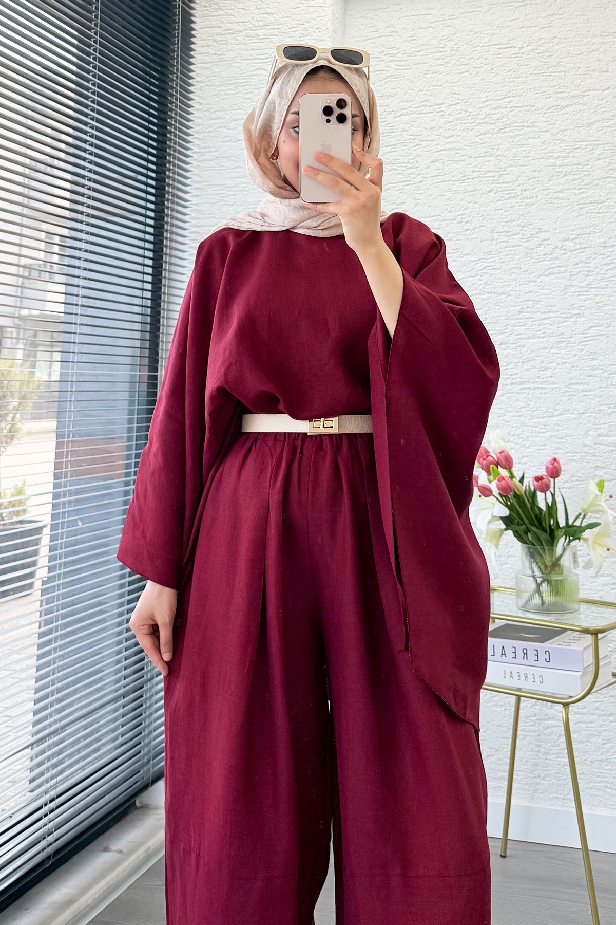 Premium Bella Yarasa Kol Keten Pantolon Takım - Bordo