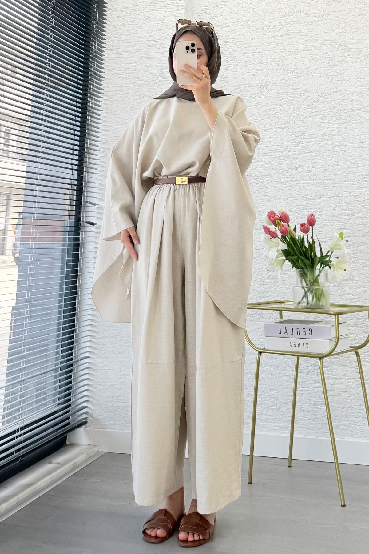 Premium Bella Yarasa Kol Keten Pantolon Takım - Taş
